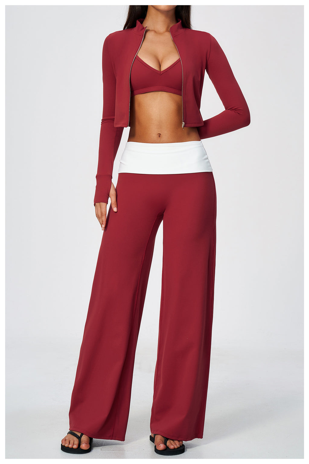 3 Piece Set Deep V-Neck Halter Thin Strap Backless Sports Bra and Stand Collar Full Zip Cropped Running Workout Jacket and High Waisted Wide Leg Yoga Athletic Pants
