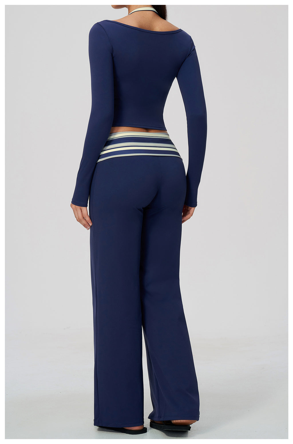 Women 2 Piece Yoga Set Halter Fake Two Piece Long Sleeve Yoga Top and Fold Over Striped Waist Wide Leg Workout Pants