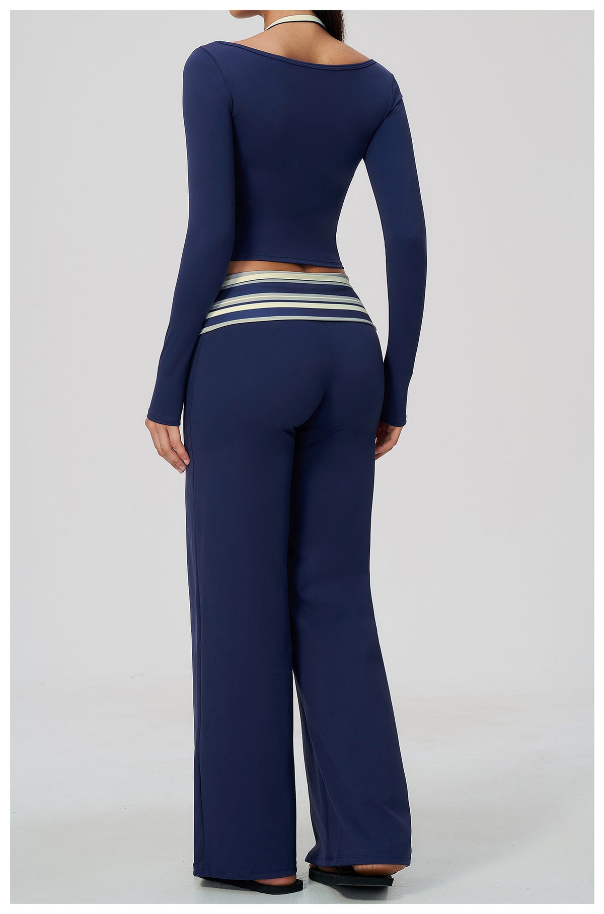 Women 2 Piece Yoga Set Halter Fake Two Piece Long Sleeve Yoga Top and Fold Over Striped Waist Wide Leg Workout Pants