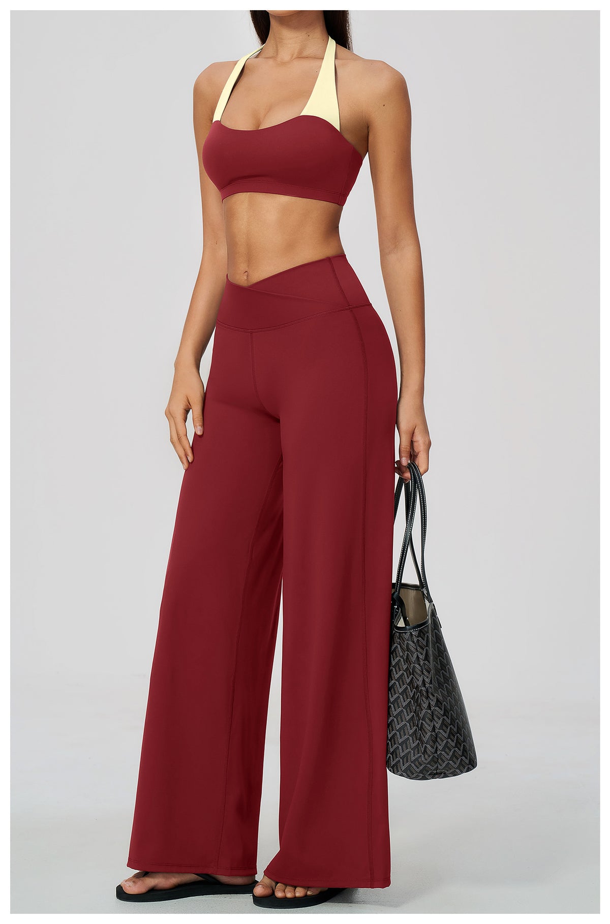 2 Piece Colorblock Halter Sports Bra and Cross Waist Wide Leg Yoga Pants Set