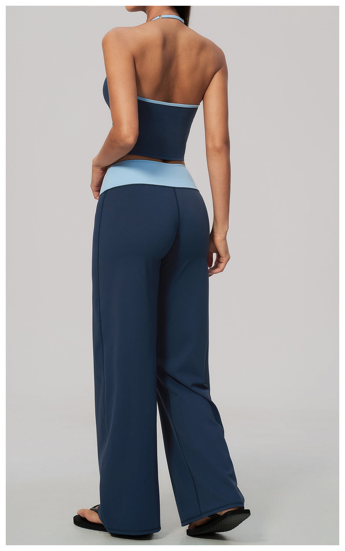 Women Two Piece Color Block Halter Yoga Set V Neck Crop Workout Top Wide Leg Yoga Pants