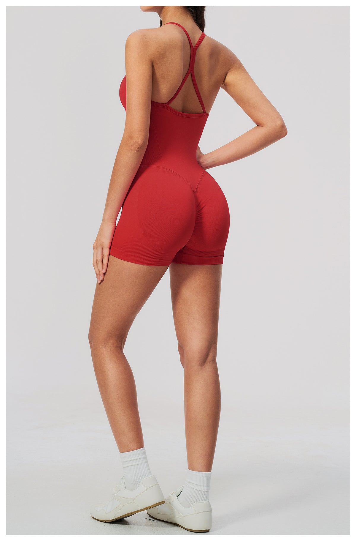 Women Seamless Yoga Romper Y-Back Spaghetti Strap Workout Bodysuit Tummy Control Butt Lifter Short Jumpsuit for Gym Fitness