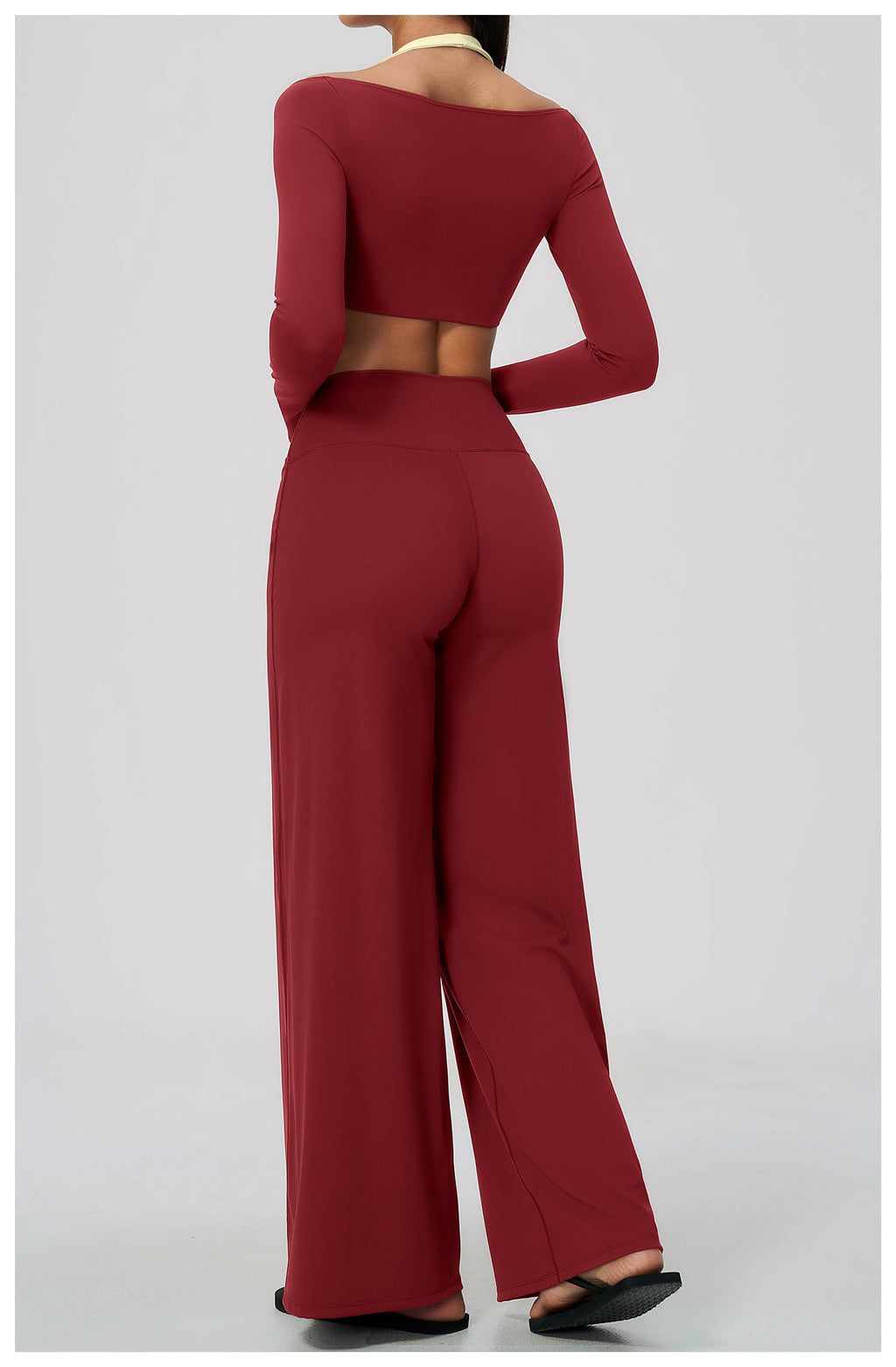 2 Piece Colorblock Halter Long Sleeve Cropped Yoga Top and Cross Waist Wide Leg Yoga Pants Set
