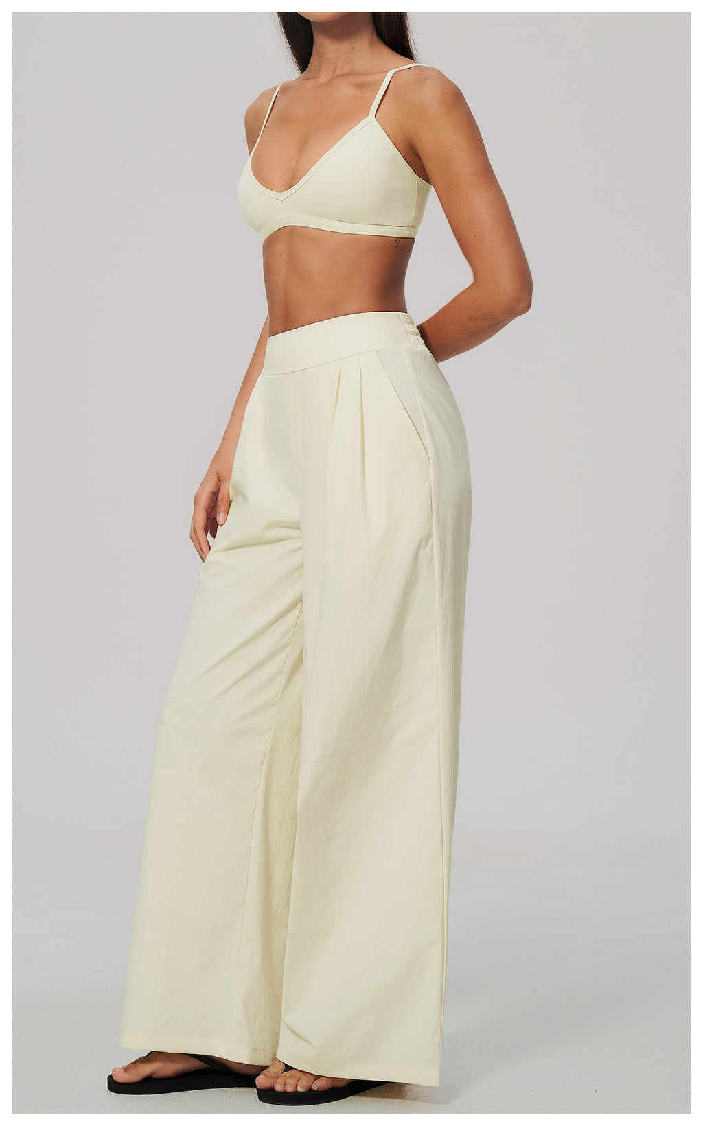 2 Piece Set Women V Neck Twist Back Adjustable Spaghetti Straps Sports Bra and High Waist Loose Casual Sports Wide Leg Pants