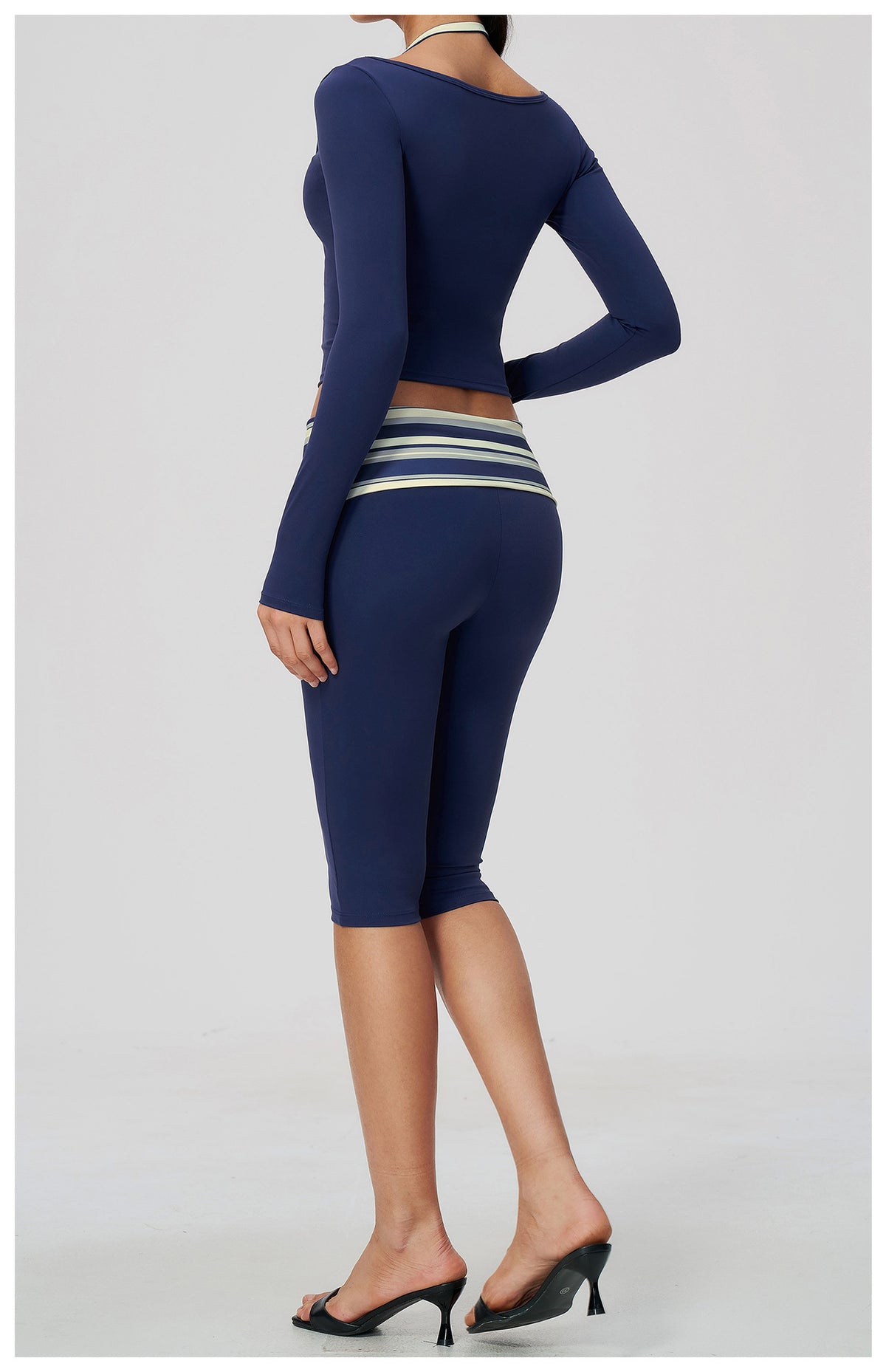 Women 2 Piece Yoga Set Halter Fake Two Piece Long Sleeve Yoga Top and Fold Over Striped Waist Capri Yoga Leggings