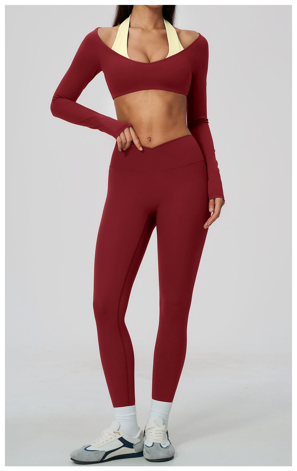 2 Piece Colorblock Halter Long Sleeve Cropped Yoga Top and Cross Waist Yoga Leggings Set
