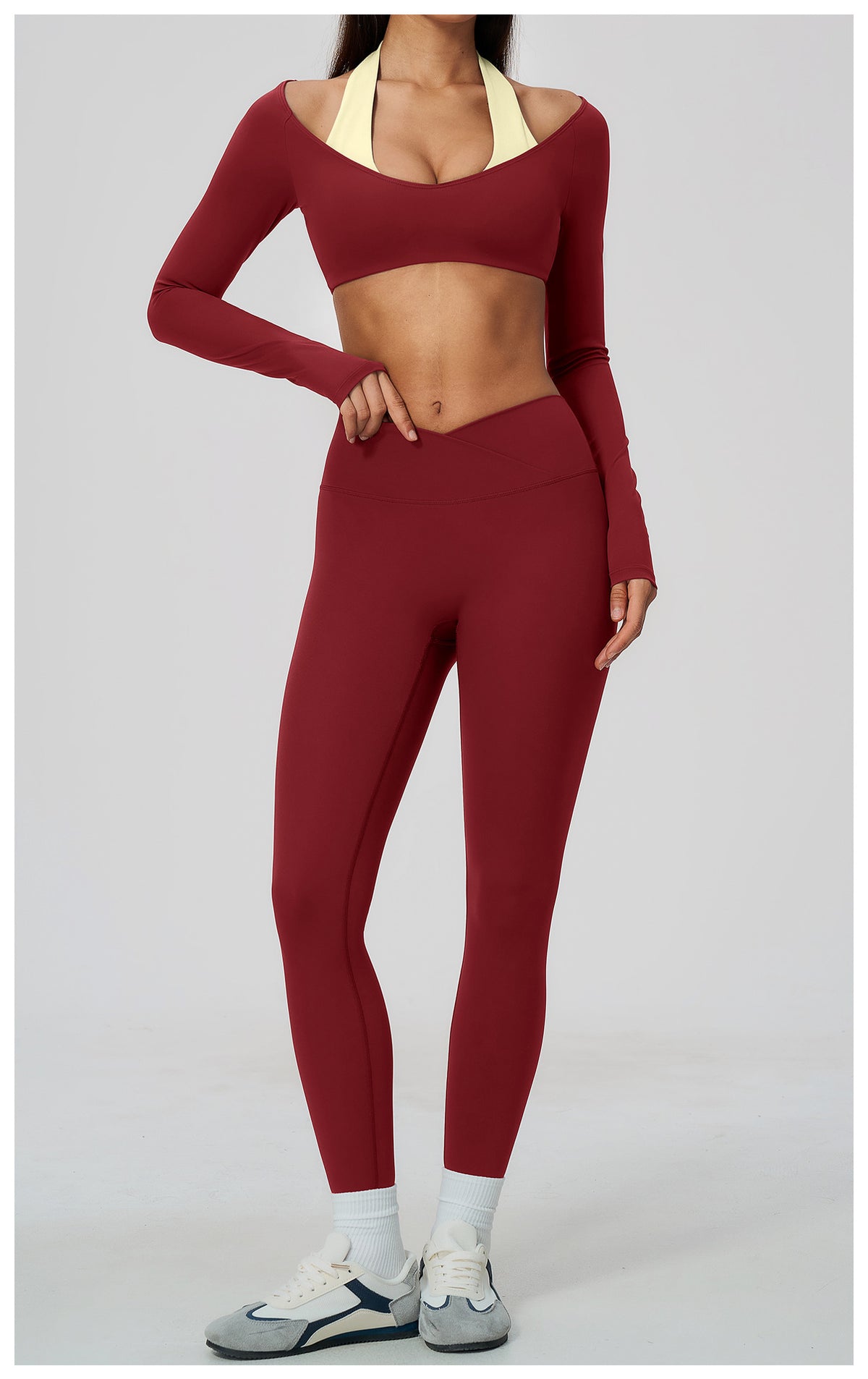 2 Piece Colorblock Halter Long Sleeve Cropped Yoga Top and Cross Waist Yoga Leggings Set