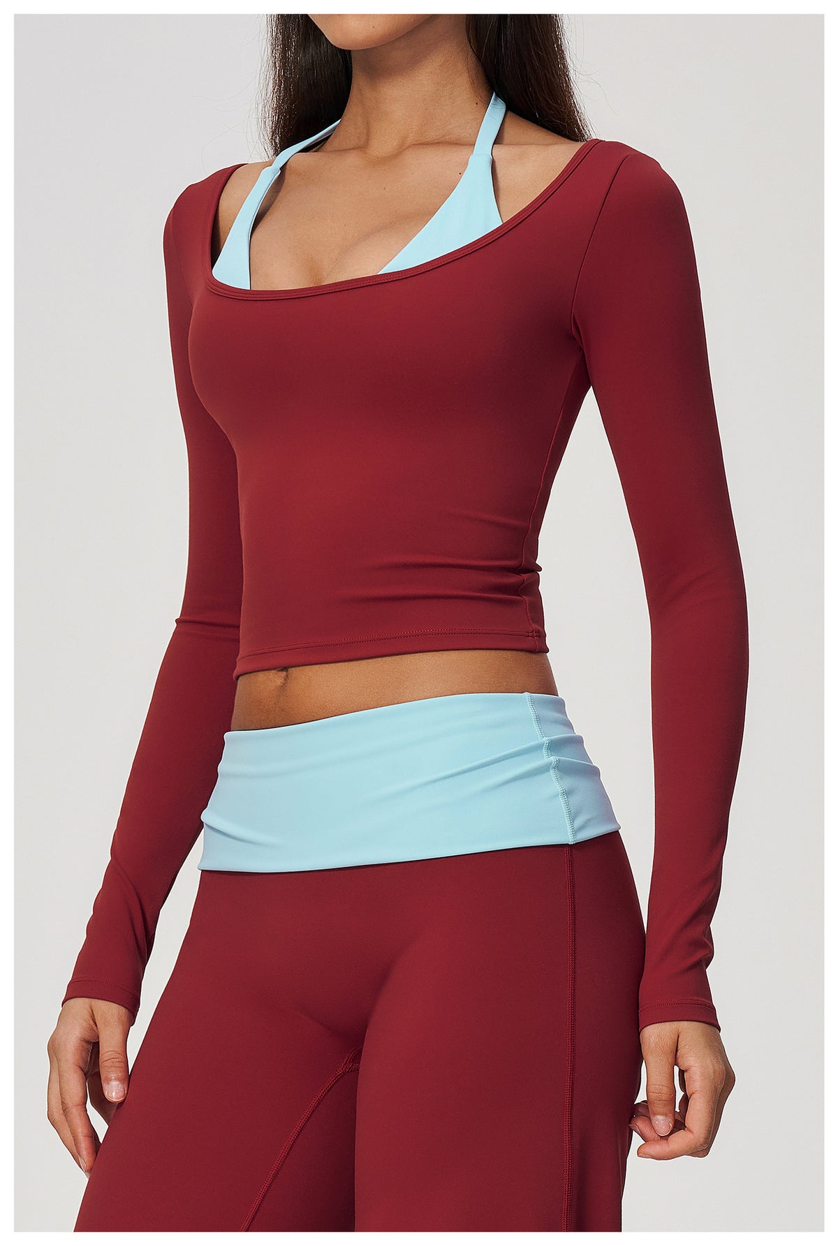 Women Colorblock Double Strap Halter Long Sleeve Cropped Fitness Yoga Top with Chest Pads