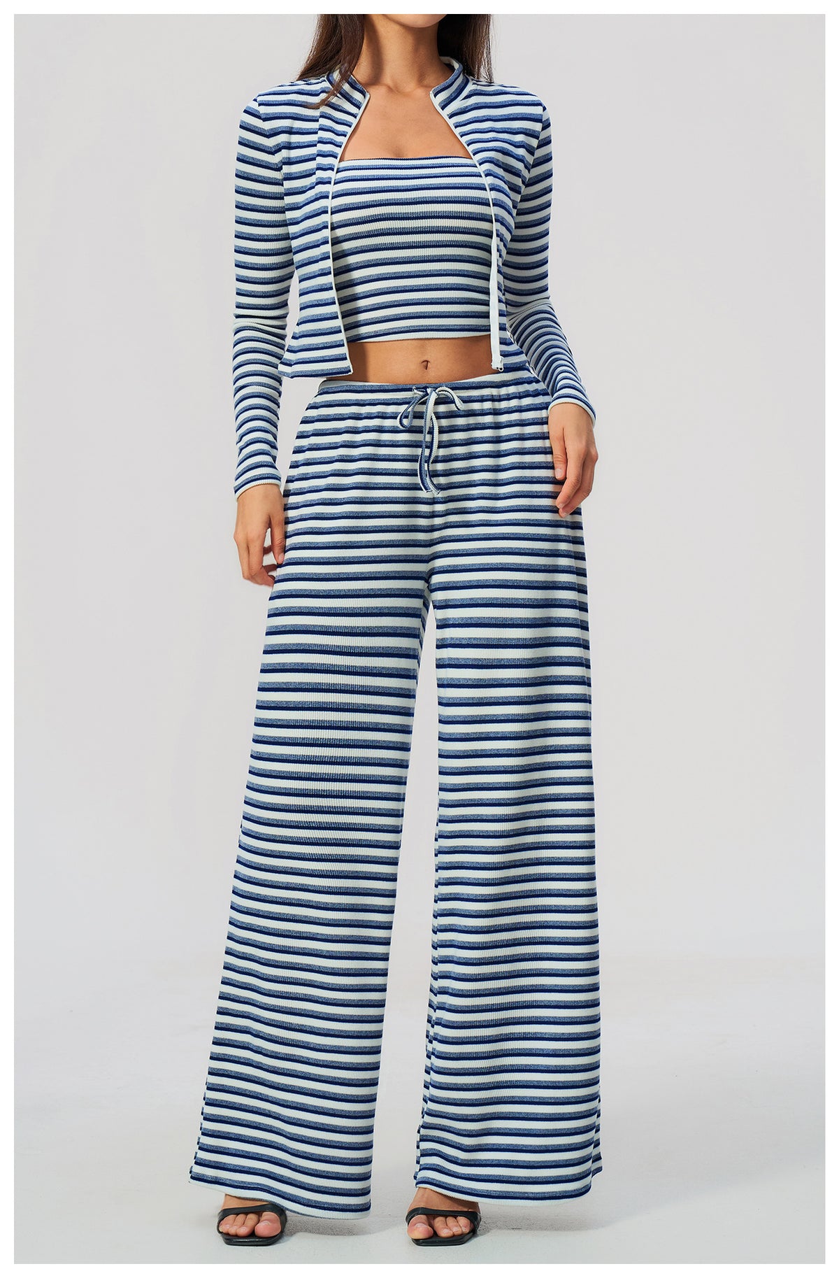 3 Piece Striped Yoga Set Long Sleeve Zip up Jacket Strapless Soft Tube Top Elastic Drawstring Waist Wide Leg Pants Workout Outfit Gym Running Sports Activewear Set