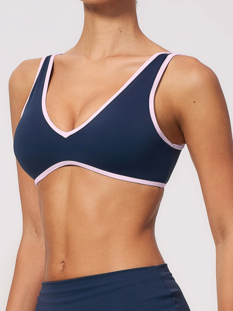 Women Contrast Color V Neck U Back Sports Bra
