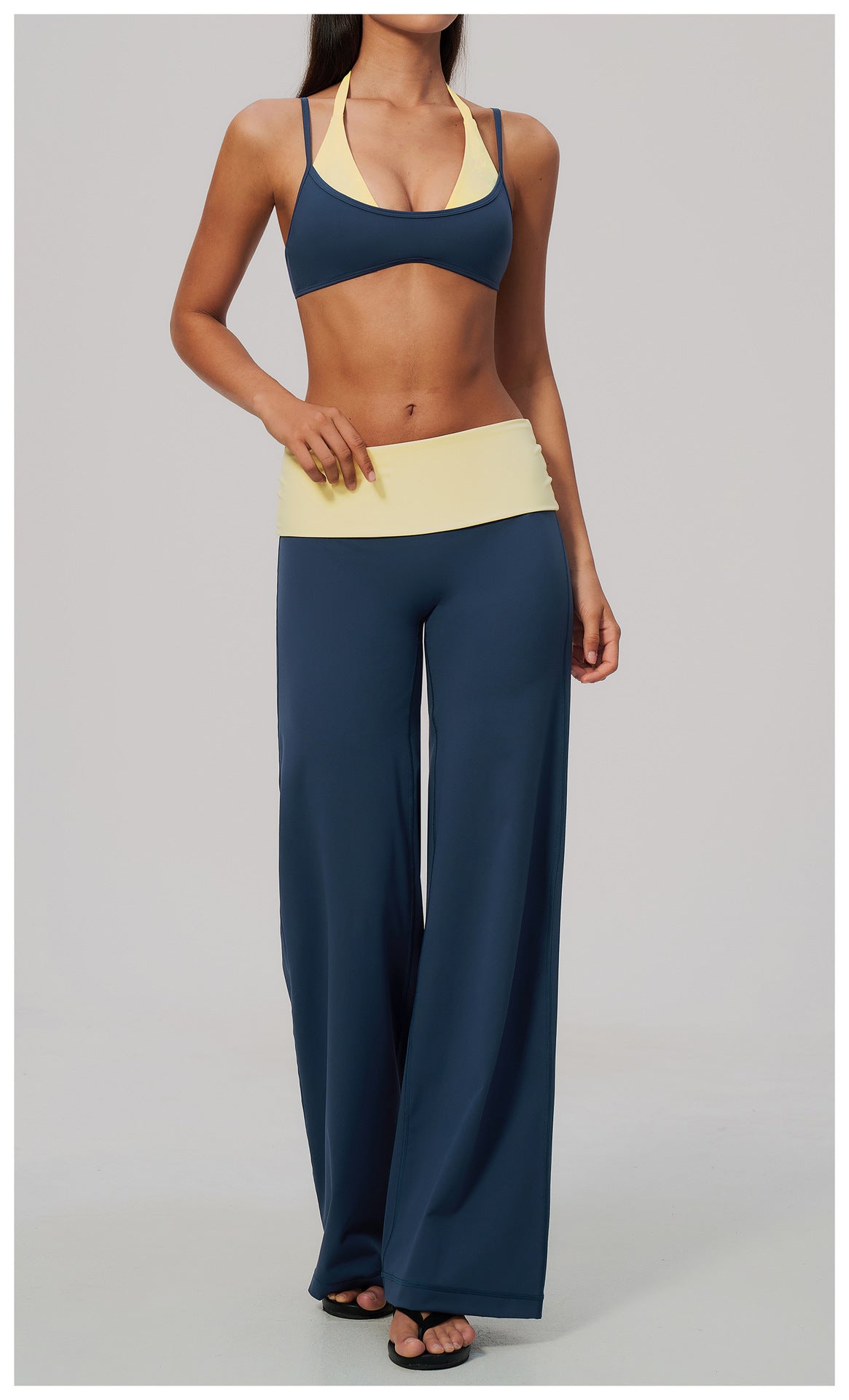 2 Piece Colorblock Double Strap Halter Sports Bra and Foldover Waist High-Rise Loose Wide Leg Yoga Pants Set