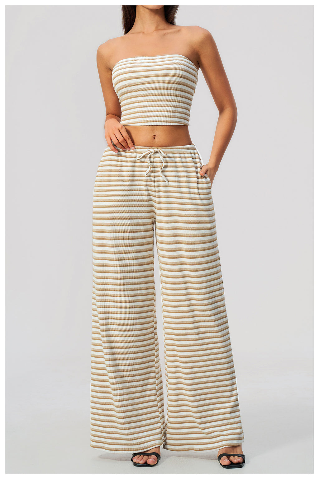 2 Piece Workout Loungewear Set Women Ribbed Striped Strapless Soft Tube Top and Elastic Drawstring Waist Wide Leg Pants with Pocket