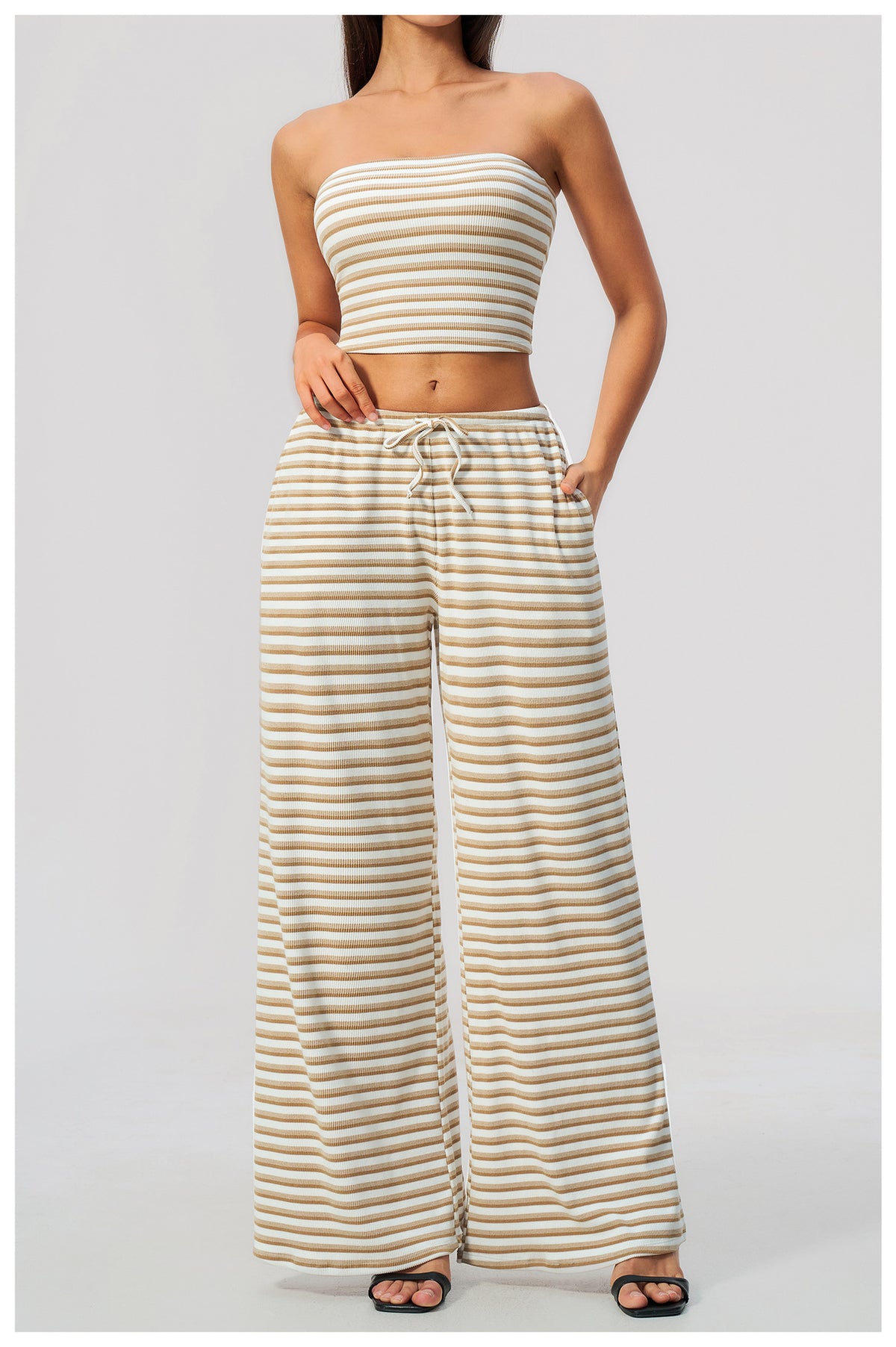 2 Piece Workout Loungewear Set Women Ribbed Striped Strapless Soft Tube Top and Elastic Drawstring Waist Wide Leg Pants with Pocket