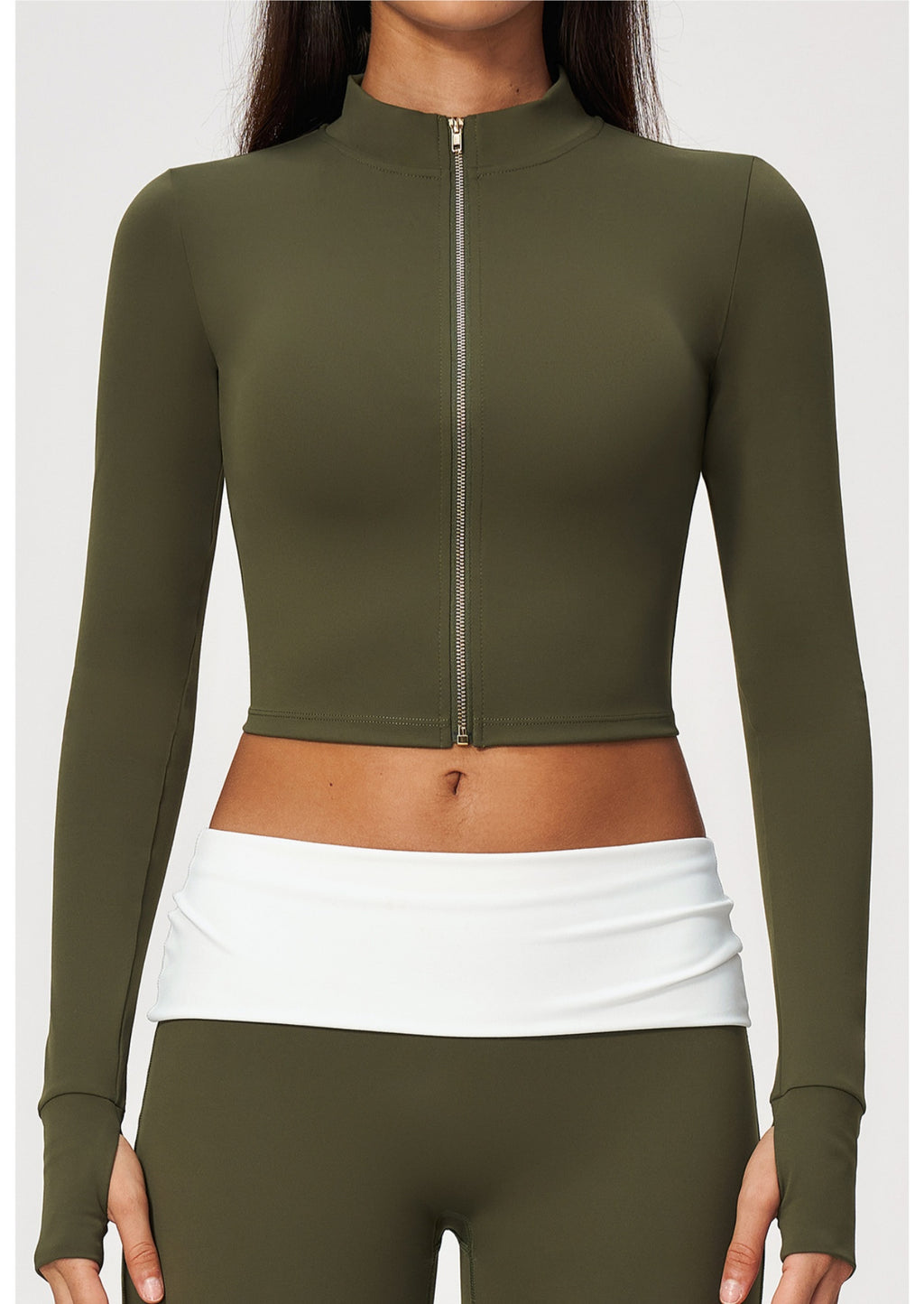 Women Stand Collar Full Zip Cropped Running Yoga Workout Jacket with Thumb Holes