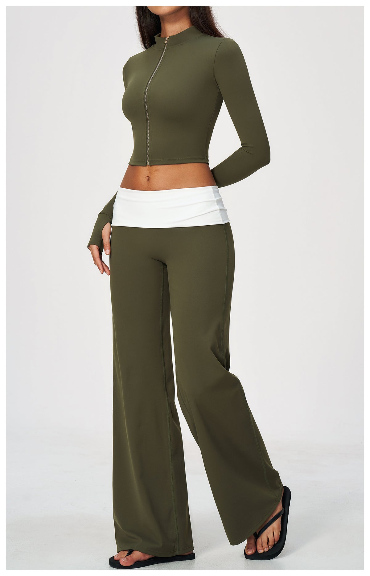 2 Piece Set Stand Collar Full Zip Cropped Running Yoga Workout Jacket and ColorBlock High Waisted Wide Leg Yoga Athletic Pants