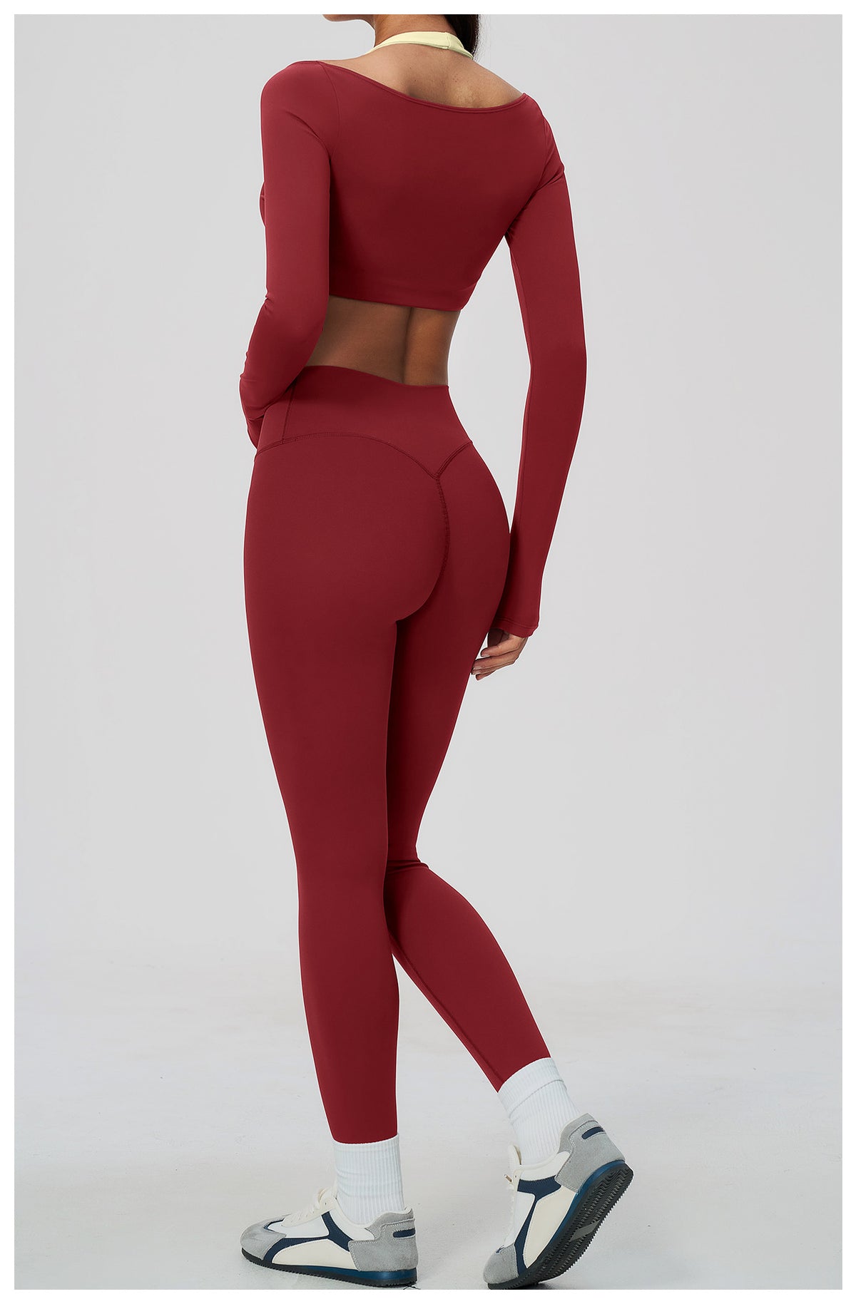 2 Piece Colorblock Halter Long Sleeve Cropped Yoga Top and Cross Waist Yoga Leggings Set