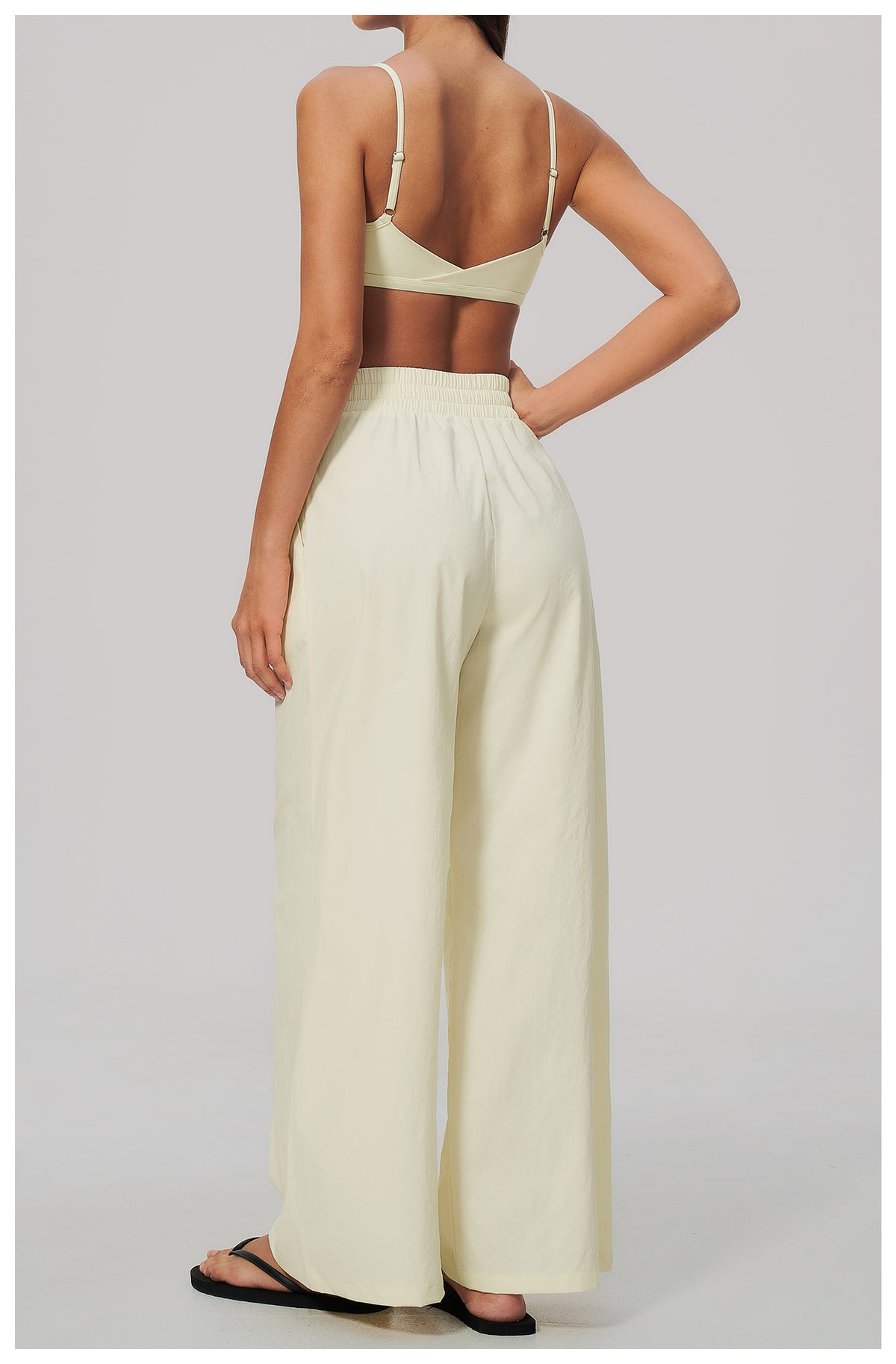2 Piece Set Women V Neck Twist Back Adjustable Spaghetti Straps Sports Bra and High Waist Loose Casual Sports Wide Leg Pants