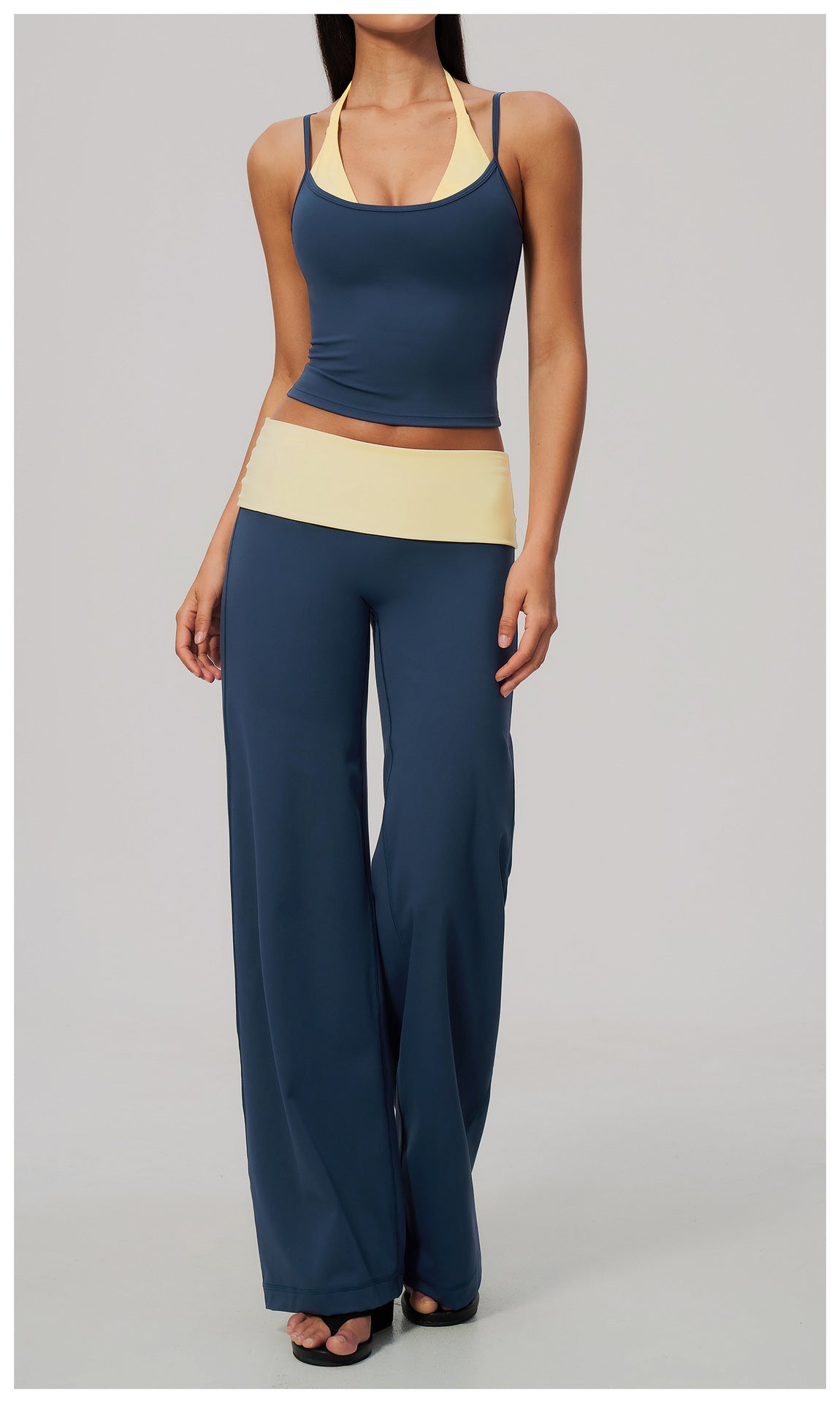 2 Piece Colorblock Double Strap Halter Yoga Vest and Foldover Waist High-Rise Loose Wide Leg Yoga Pants Set