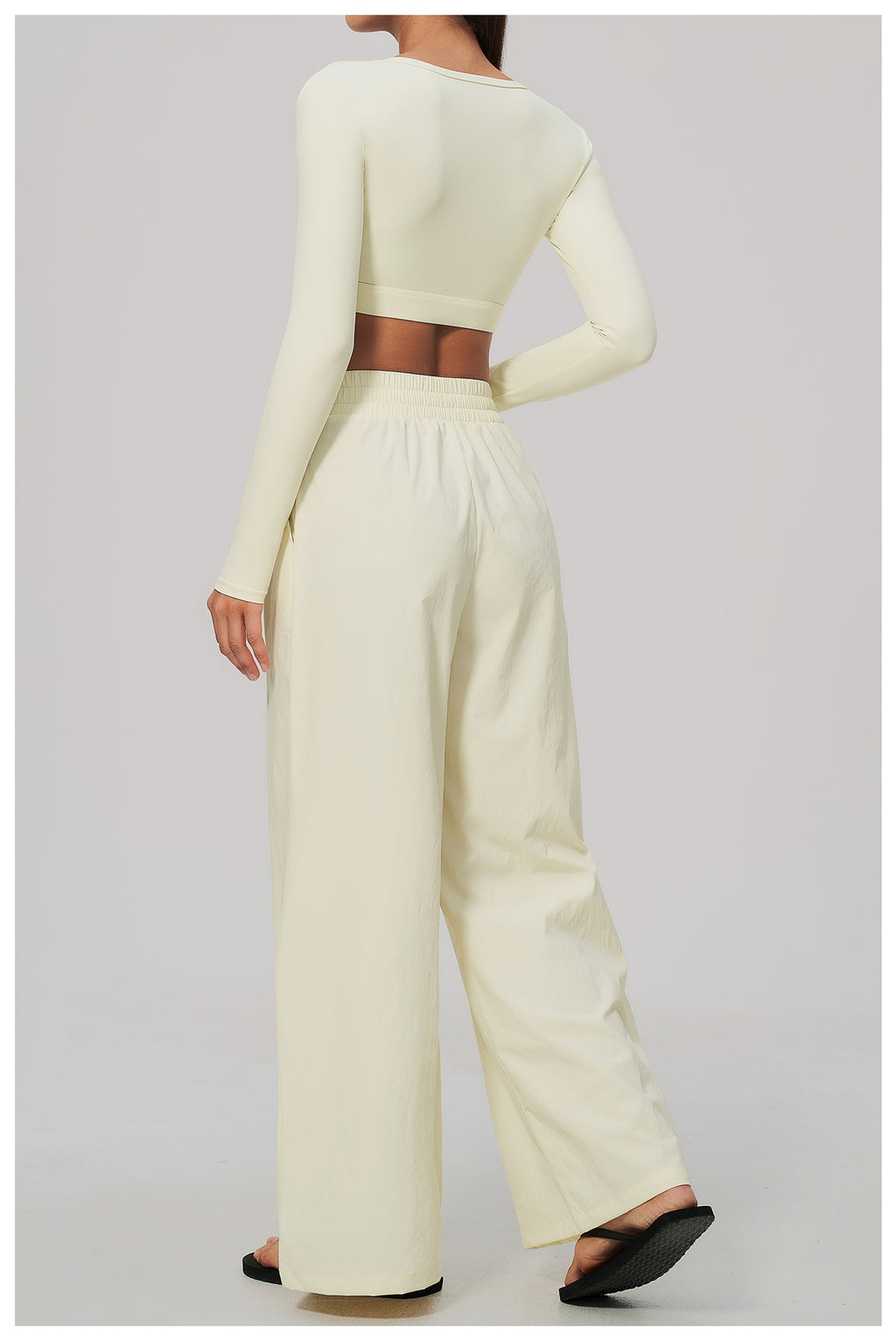 2 Piece Set Women U Neck Long Sleeve Short Workout Top with Removable Padded and High Waist Loose Casual Sports Wide Leg Pants