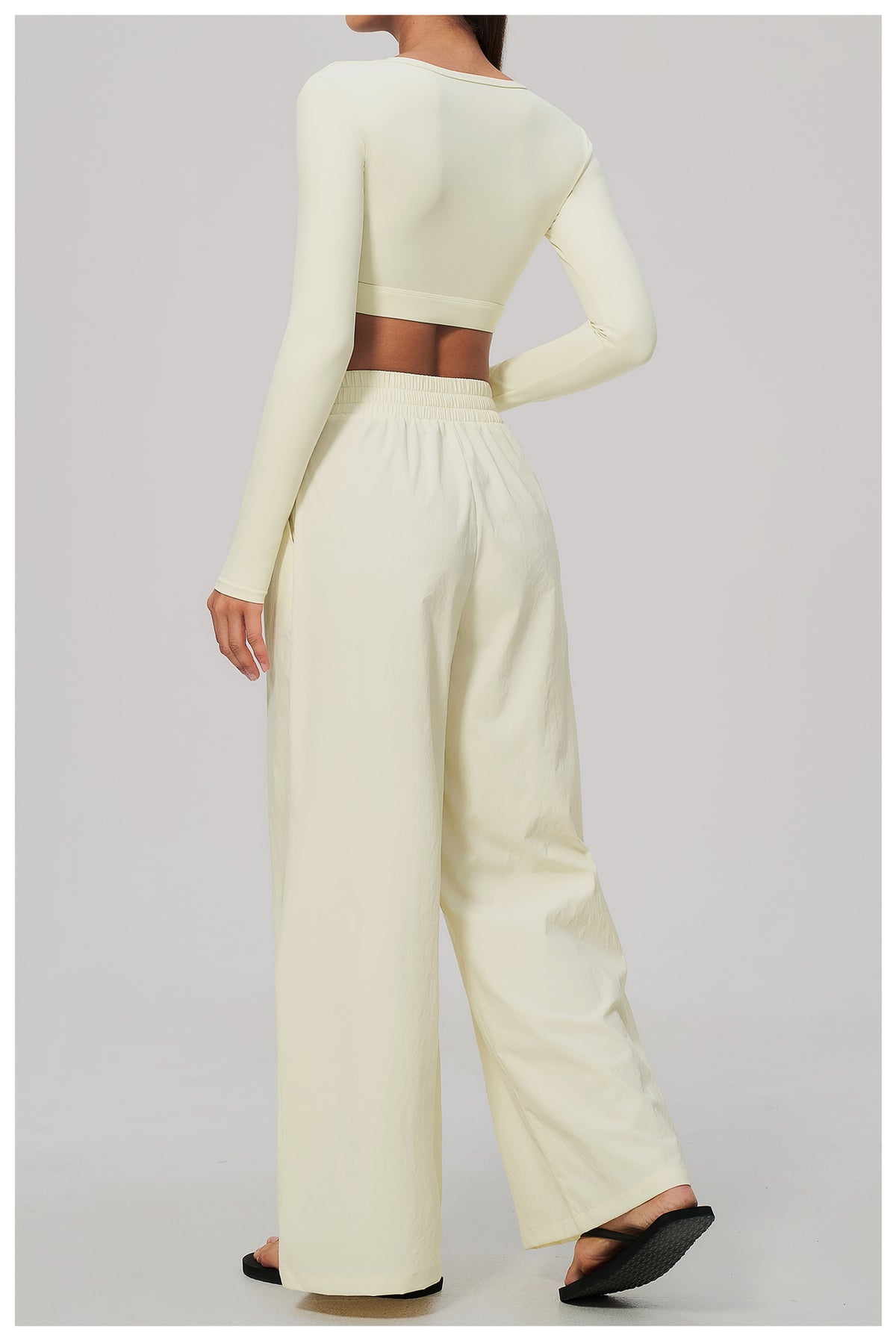 2 Piece Set Women U Neck Long Sleeve Short Workout Top with Removable Padded and High Waist Loose Casual Sports Wide Leg Pants