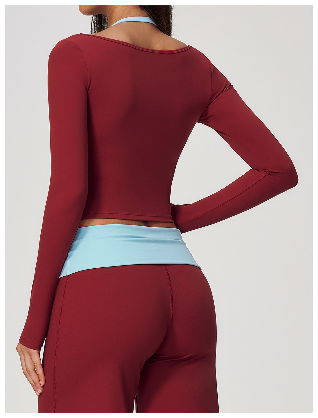 Women Colorblock Double Strap Halter Long Sleeve Cropped Fitness Yoga Top with Chest Pads
