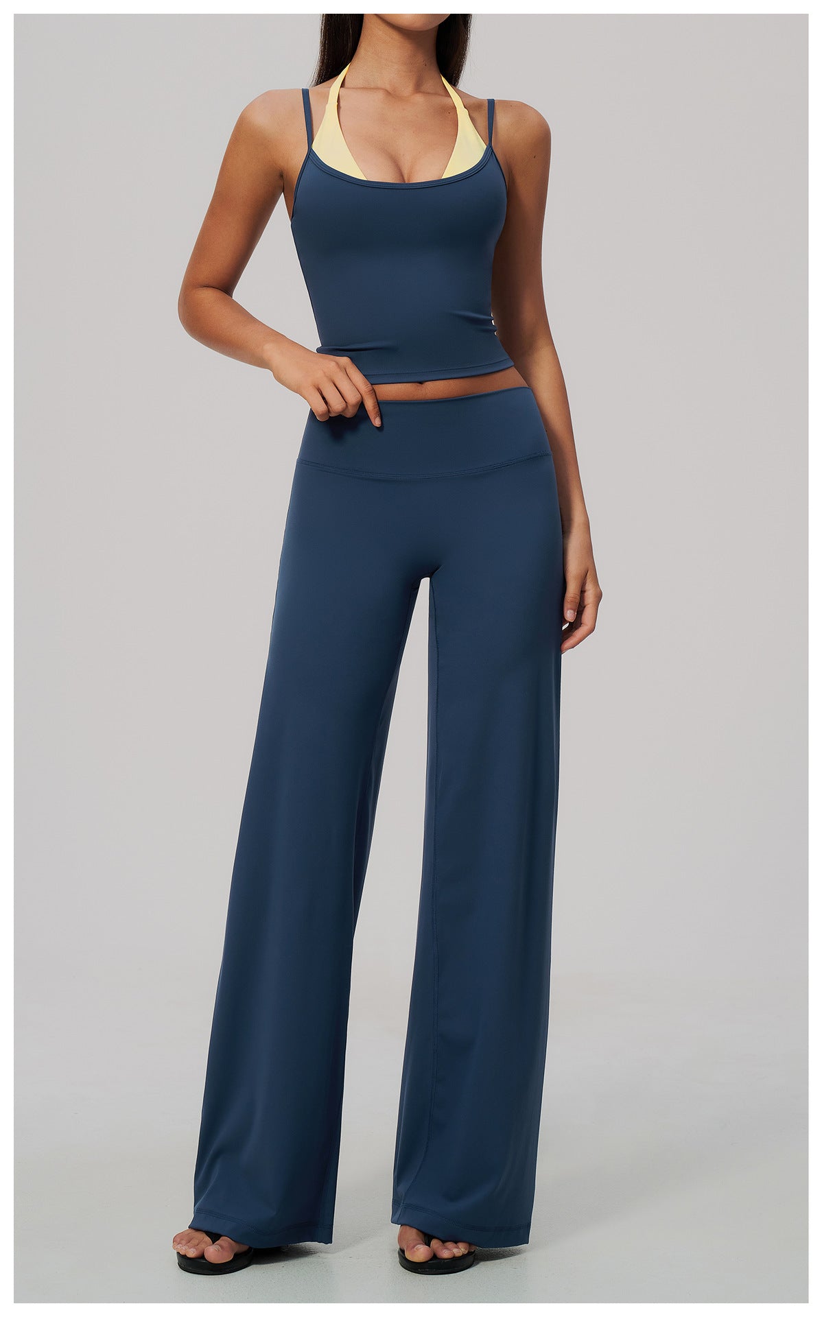 2 Piece Colorblock Double Strap Halter Yoga Vest and High Waisted Loose Fit Wide Leg Yoga Pants Set