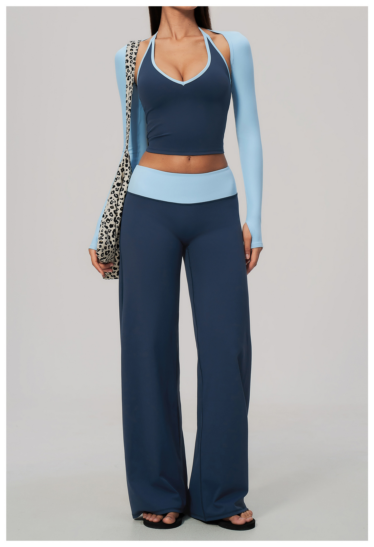 Women 3 Piece Contrast Color Halter Neck Yoga Set Long Sleeve Shrug V Neck Yoga Vest Wide Leg Pants