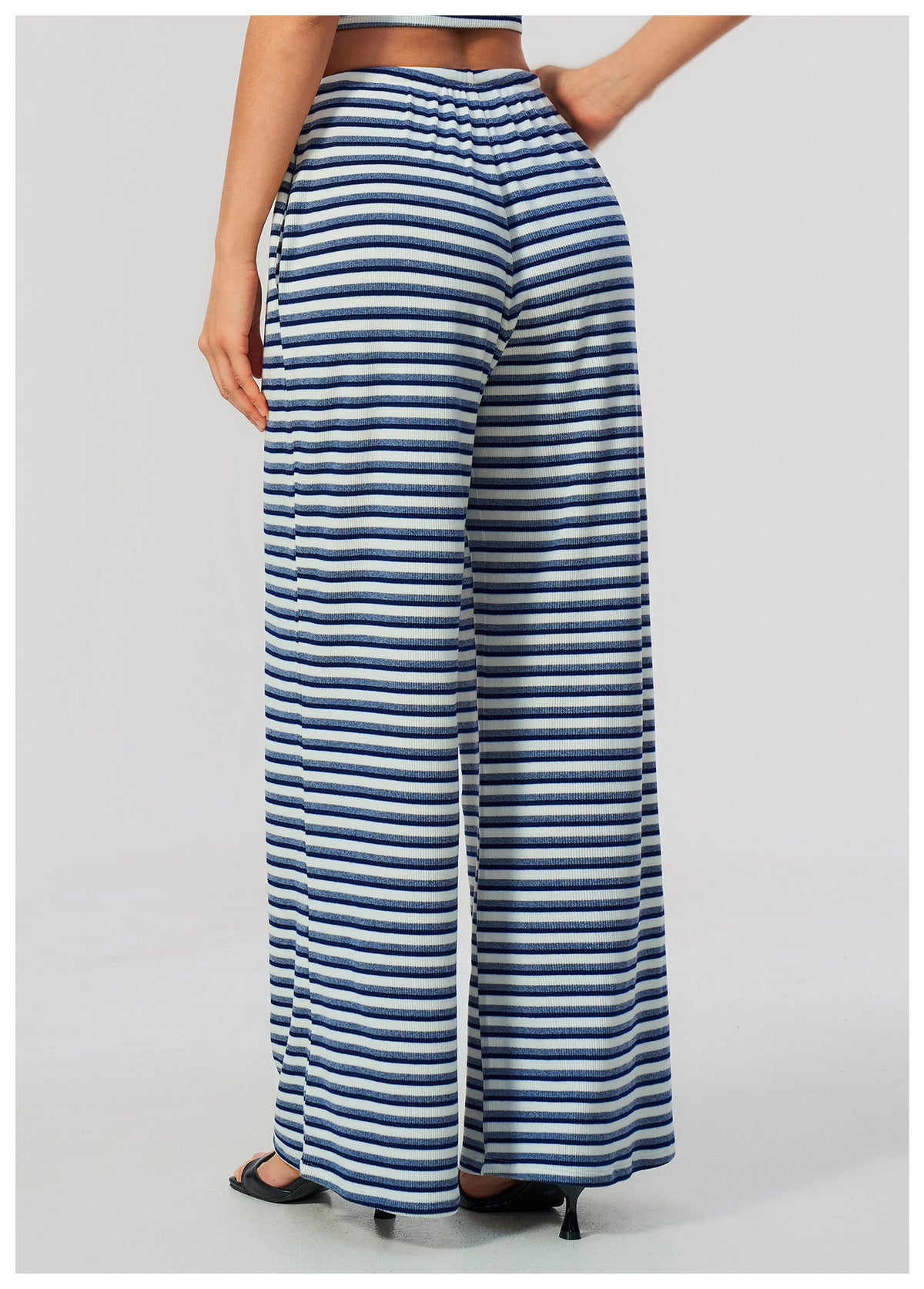 Women Ribbed Striped Wide Leg Pants Elastic Drawstring Waist Casual Loose Trousers With Pockets