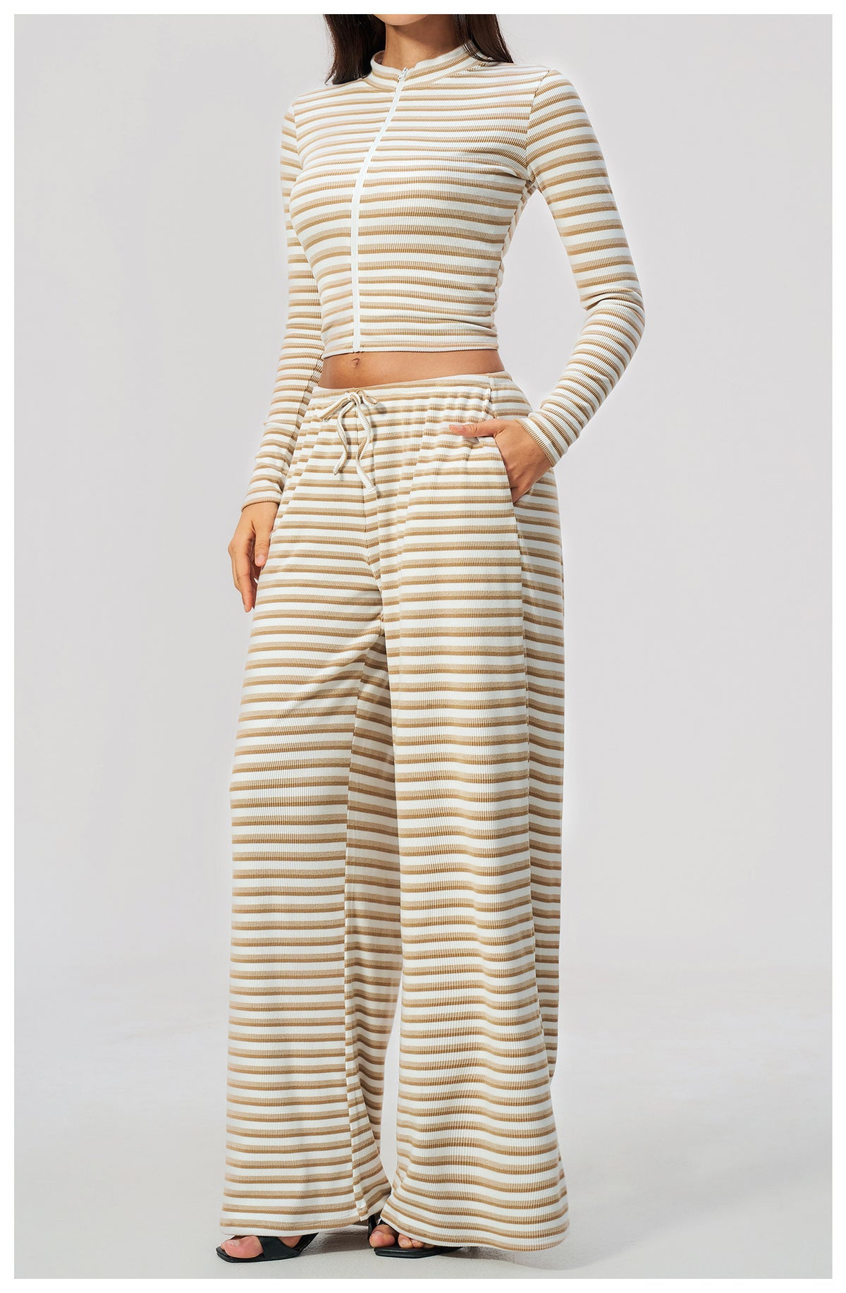 2 Piece Workout Loungewear Set Women Ribbed Striped Stand Collar Long Sleeve Cropped Zip up Jacket and Elastic Drawstring Waist Wide Leg Pants with Pocket