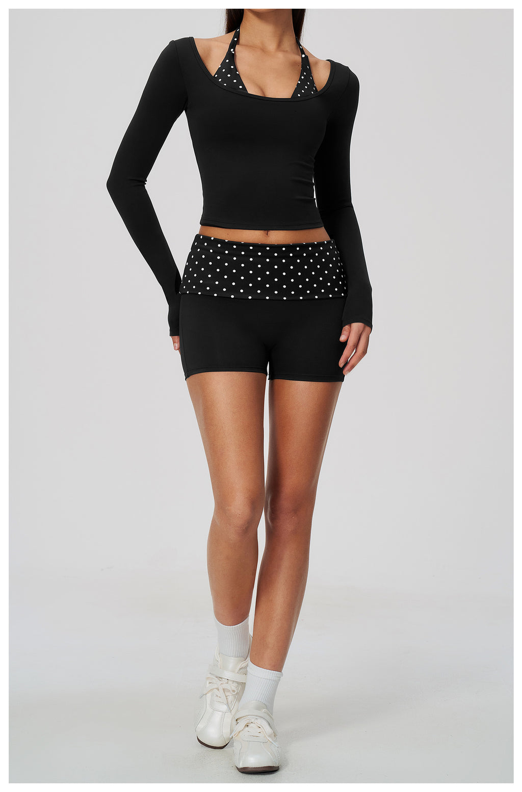 Women 2 Piece Yoga Set Halter Fake Two Piece Long Sleeve Yoga Top and Fold Over Striped Waist Biker Shorts