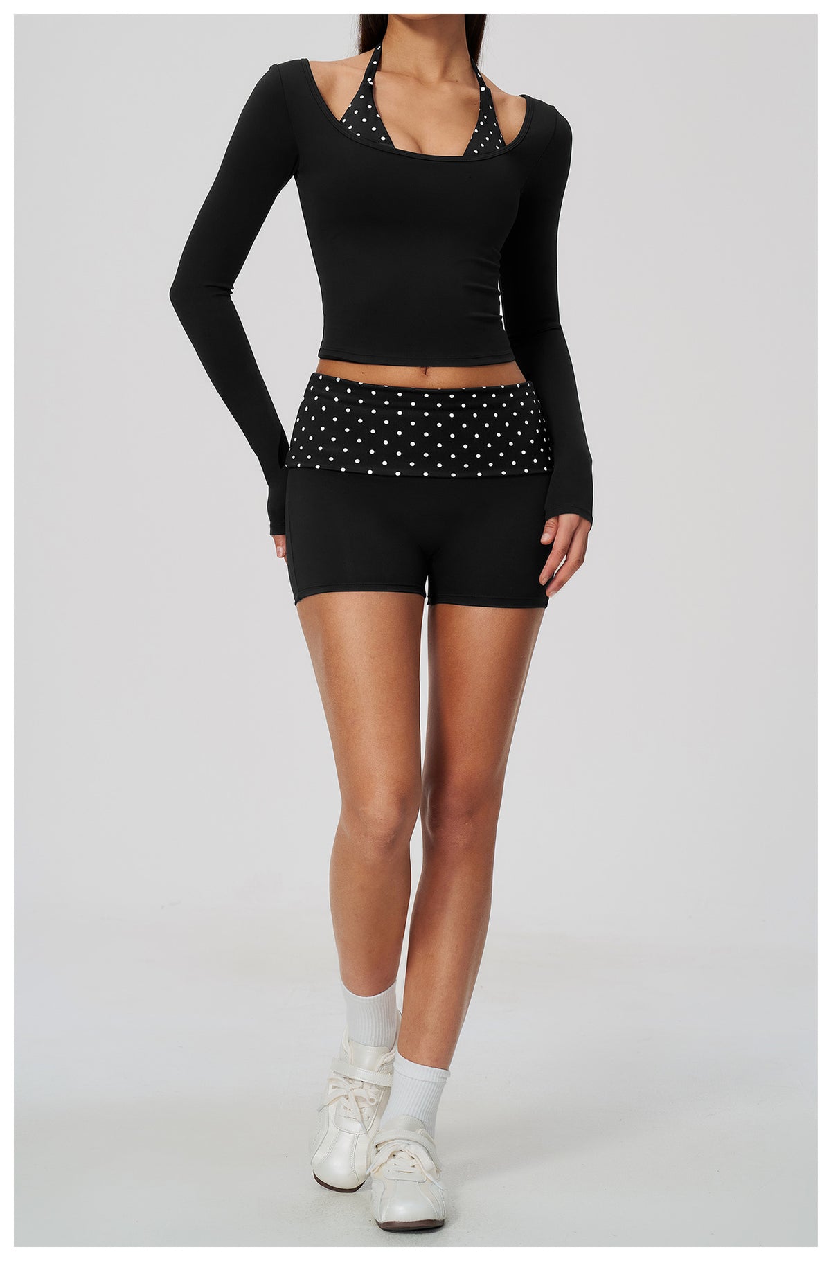 Women 2 Piece Yoga Set Halter Fake Two Piece Long Sleeve Yoga Top and Fold Over Striped Waist Biker Shorts