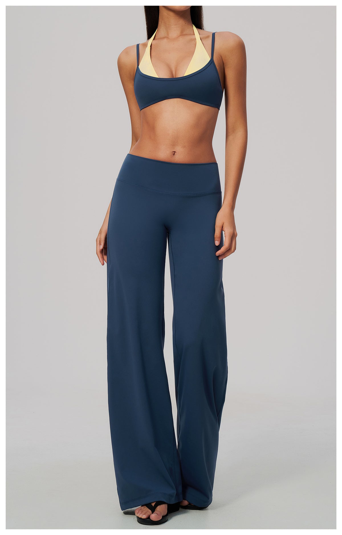 2 Piece Colorblock Double Strap Halter Sports Bra and High Waisted Loose Fit Wide Leg Yoga Pants Set