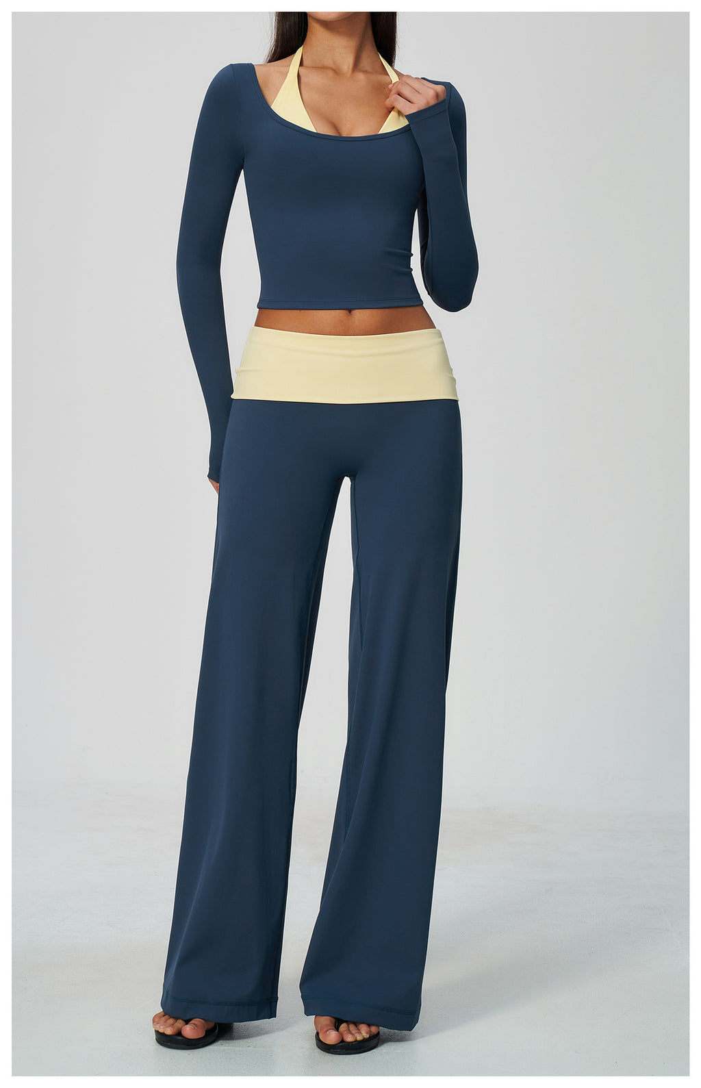2 Piece Colorblock Double Strap Halter Long Sleeve Cropped Fitness Yoga Top and Foldover Waist High-Rise Loose Wide Leg Yoga Pants Set