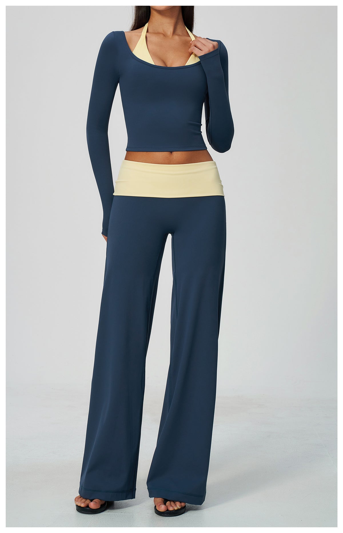 2 Piece Colorblock Double Strap Halter Long Sleeve Cropped Fitness Yoga Top and Foldover Waist High-Rise Loose Wide Leg Yoga Pants Set