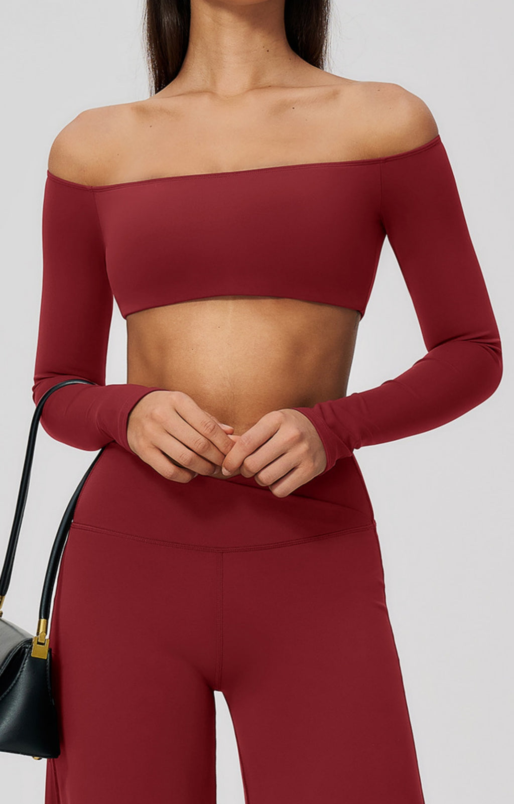 Women Off Shoulder Cropped Long Sleeve Sports Top with Chest Pads