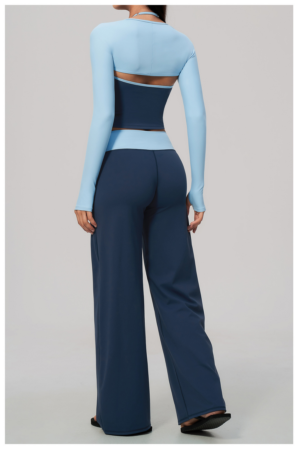 Women 3 Piece Contrast Color Halter Neck Yoga Set Long Sleeve Shrug V Neck Yoga Vest Wide Leg Pants