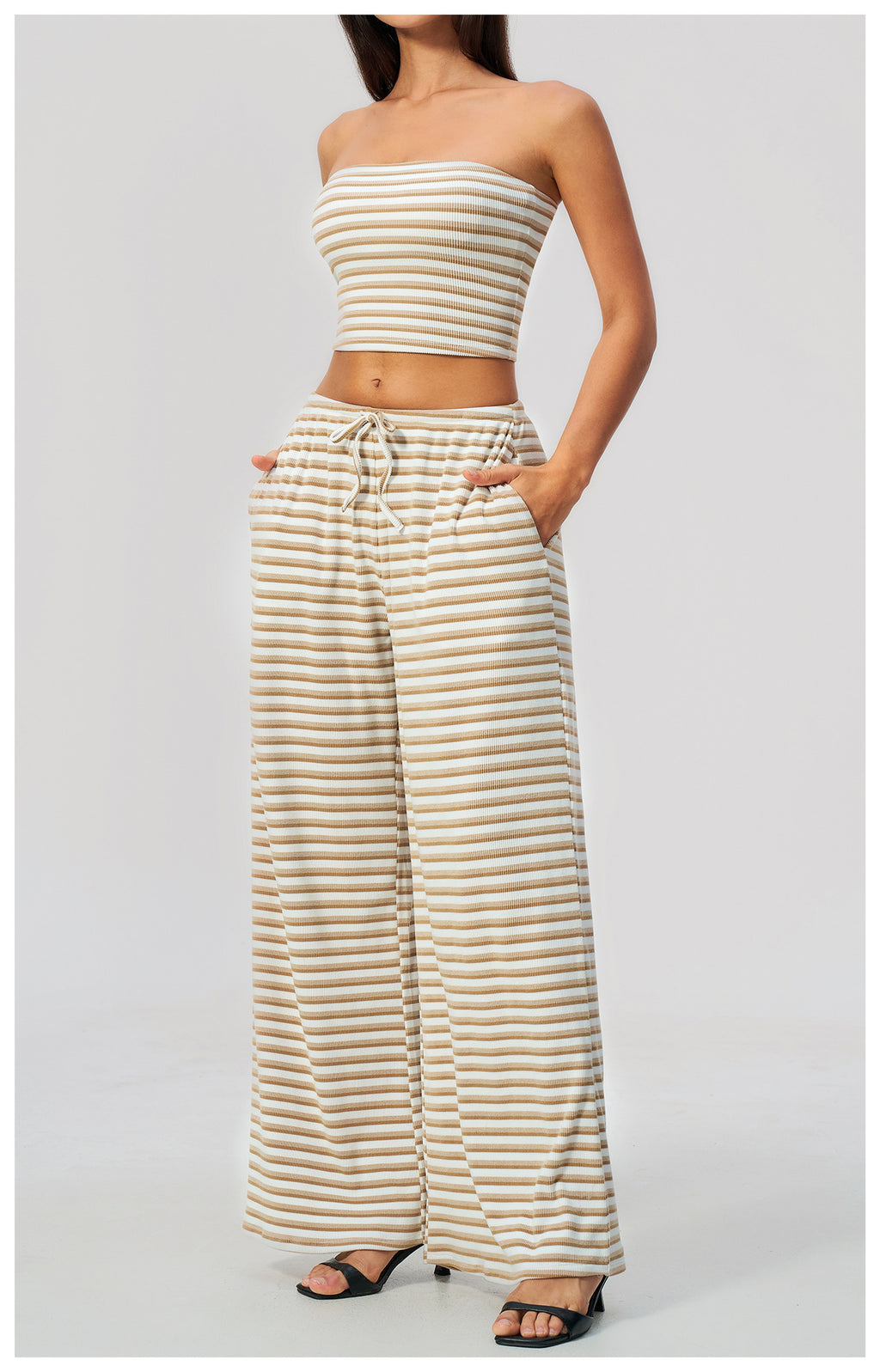 2 Piece Workout Loungewear Set Women Ribbed Striped Strapless Soft Tube Top and Elastic Drawstring Waist Wide Leg Pants with Pocket