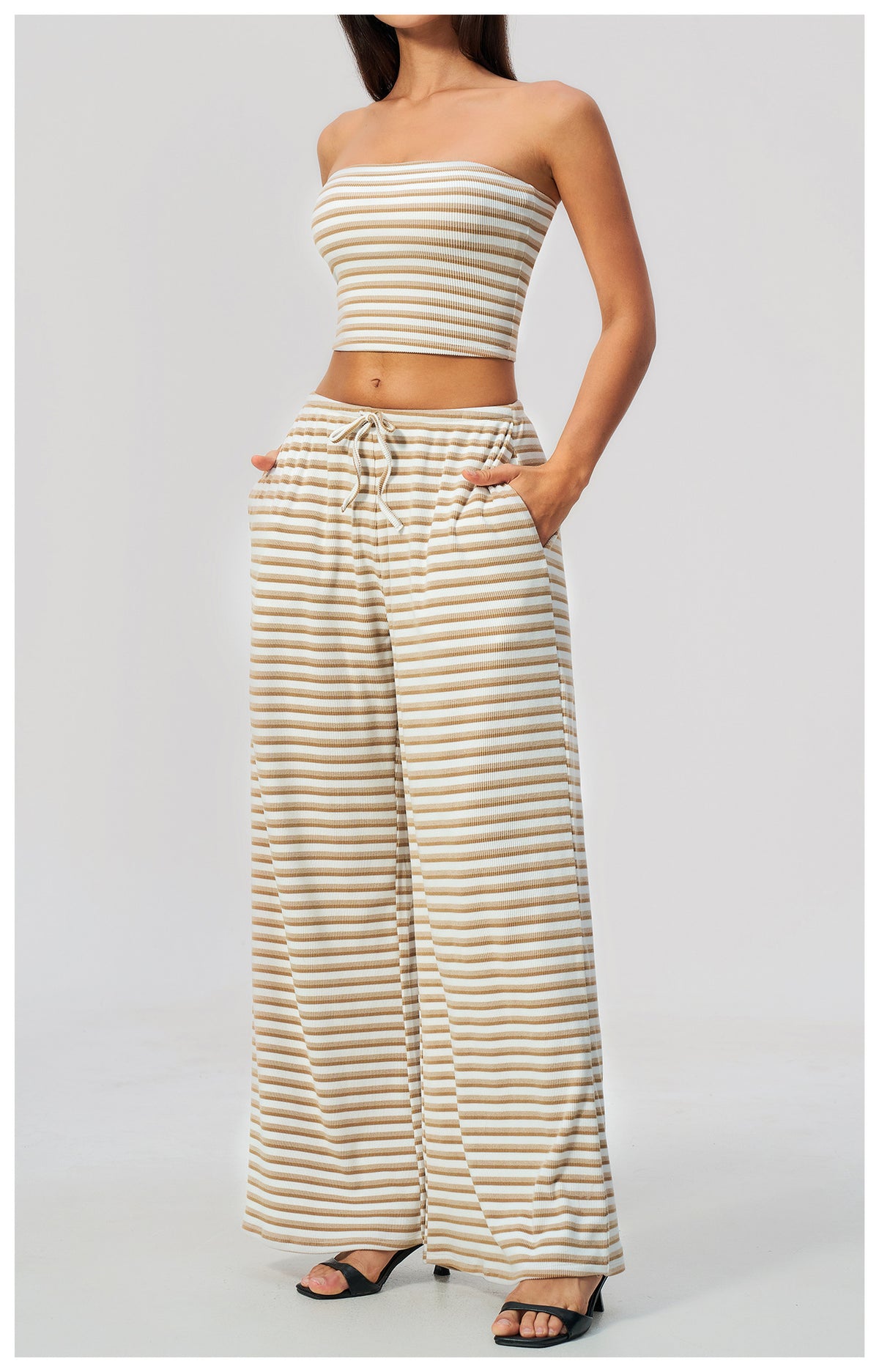 2 Piece Workout Loungewear Set Women Ribbed Striped Strapless Soft Tube Top and Elastic Drawstring Waist Wide Leg Pants with Pocket