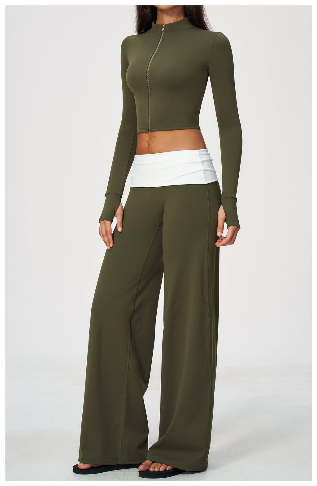 2 Piece Set Stand Collar Full Zip Cropped Running Yoga Workout Jacket and ColorBlock High Waisted Wide Leg Yoga Athletic Pants