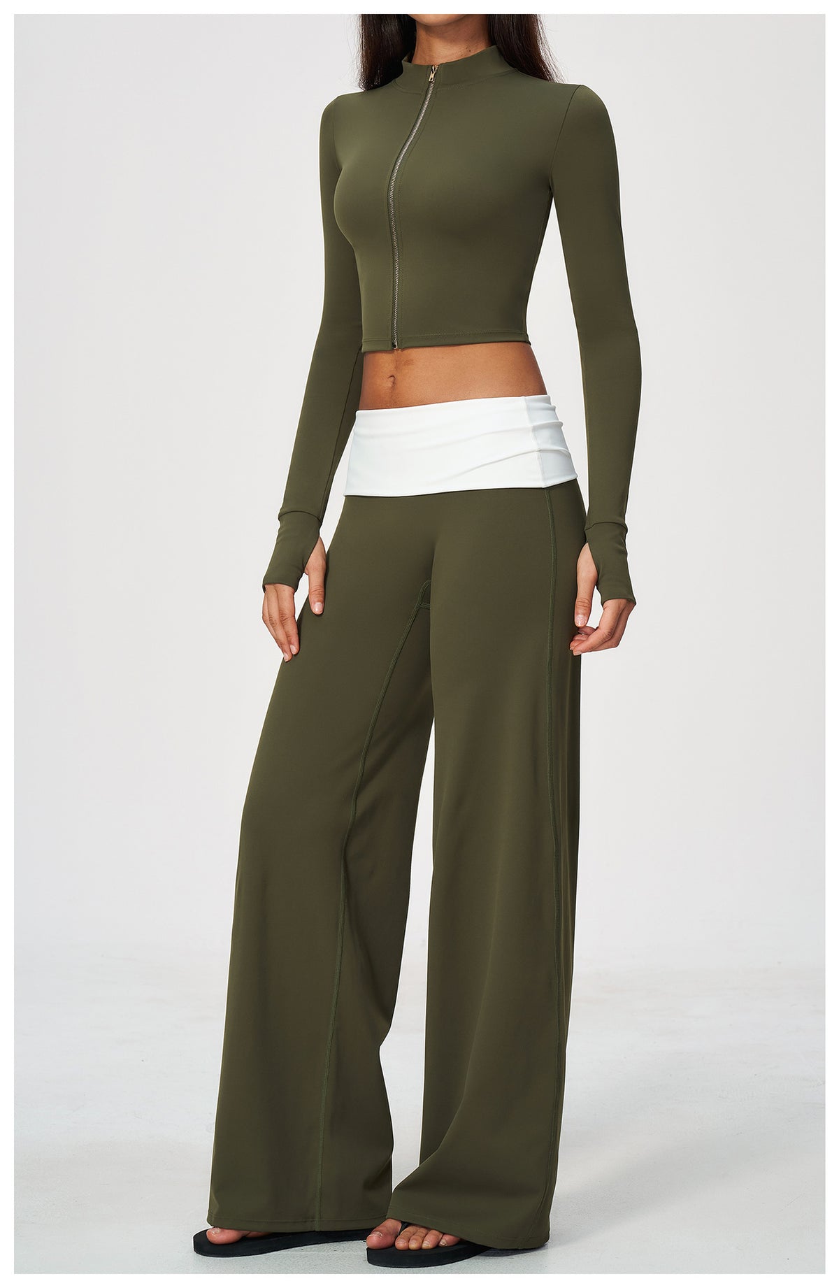2 Piece Set Stand Collar Full Zip Cropped Running Yoga Workout Jacket and ColorBlock High Waisted Wide Leg Yoga Athletic Pants