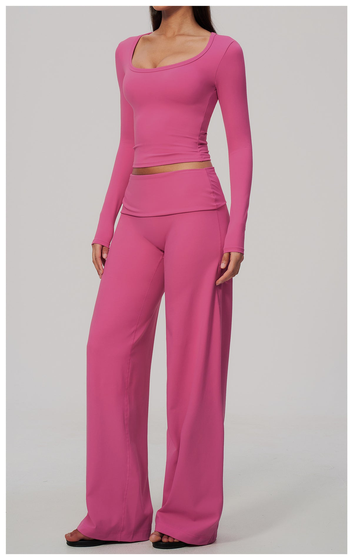 2 Piece Activewear Set U Neck Long Sleeve Crop Yoga Top with Removable Padded and High Waist Wide Leg Yoga Pants