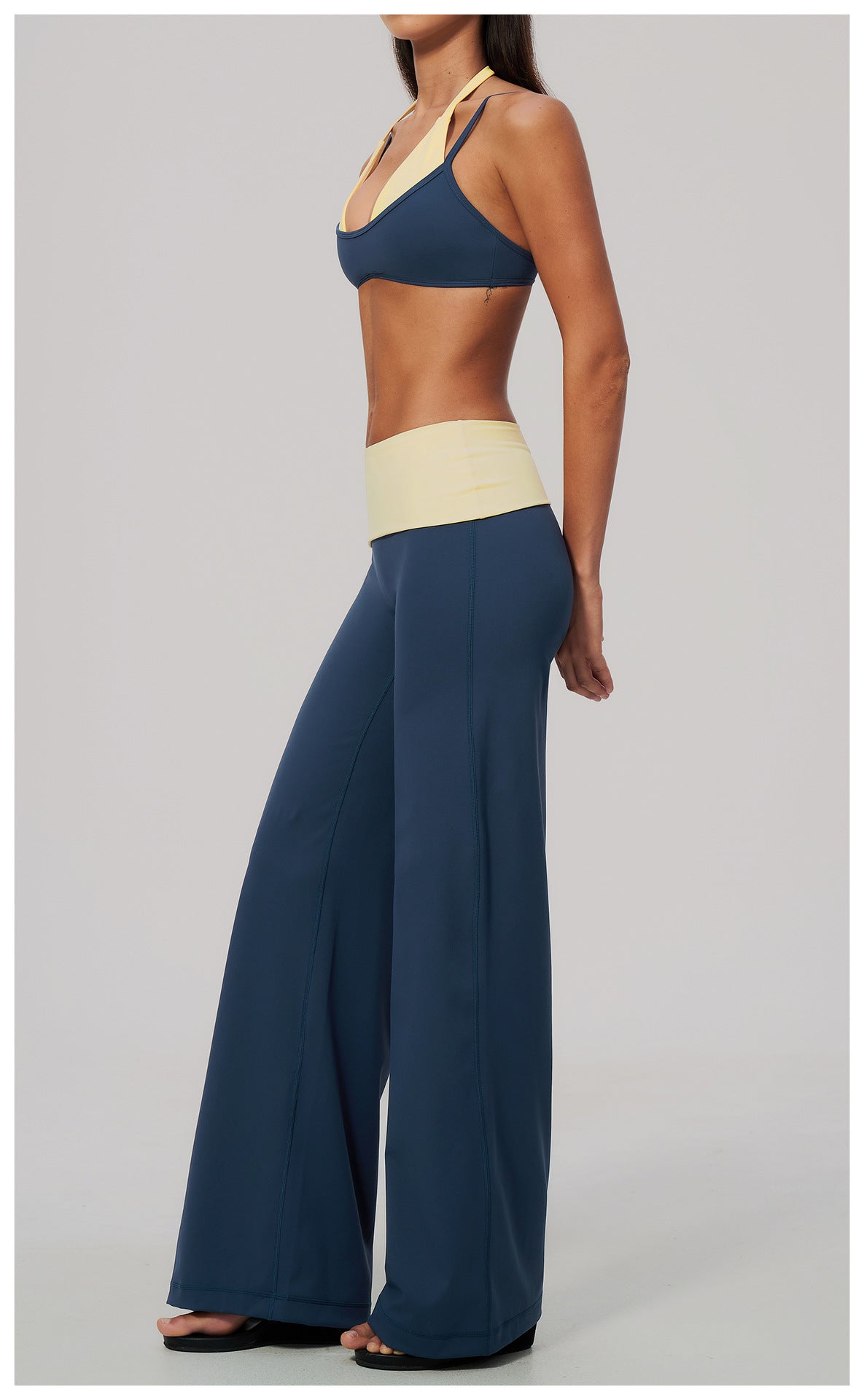 2 Piece Colorblock Double Strap Halter Sports Bra and Foldover Waist High-Rise Loose Wide Leg Yoga Pants Set