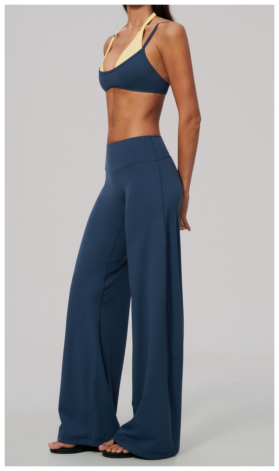 2 Piece Colorblock Double Strap Halter Sports Bra and High Waisted Loose Fit Wide Leg Yoga Pants Set