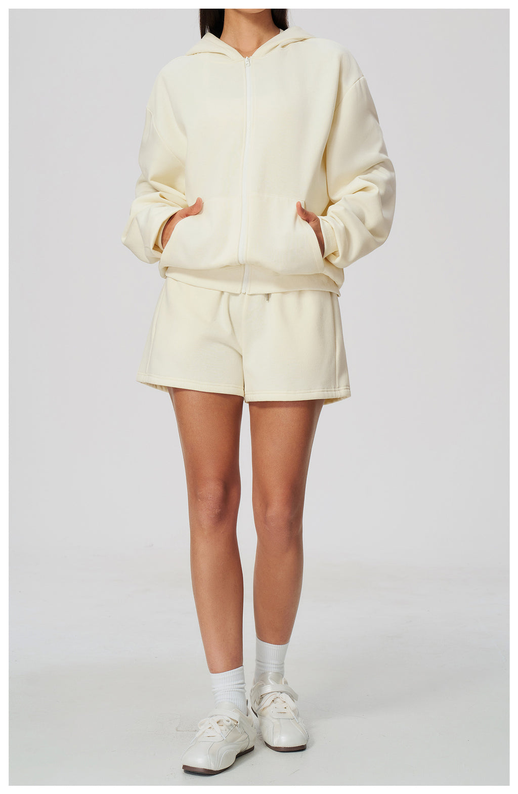Women 2 Piece Fall Winter Tracksuits Fleece Lined Full Zip Oversized Hooded Jacket and Drawstring Waist Loose Sweat Shorts with Pocket