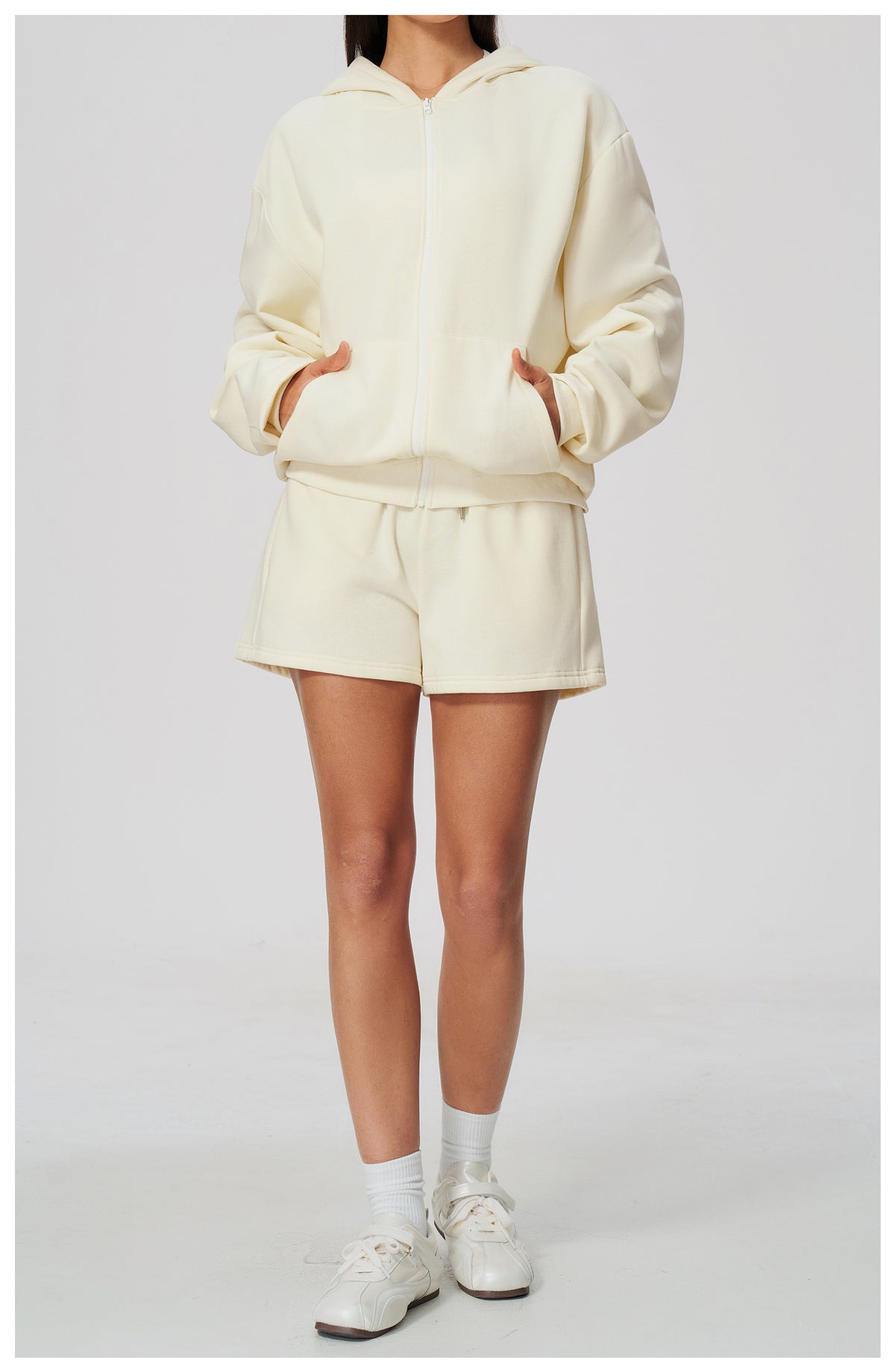 Women 2 Piece Fall Winter Tracksuits Fleece Lined Full Zip Oversized Hooded Jacket and Drawstring Waist Loose Sweat Shorts with Pocket