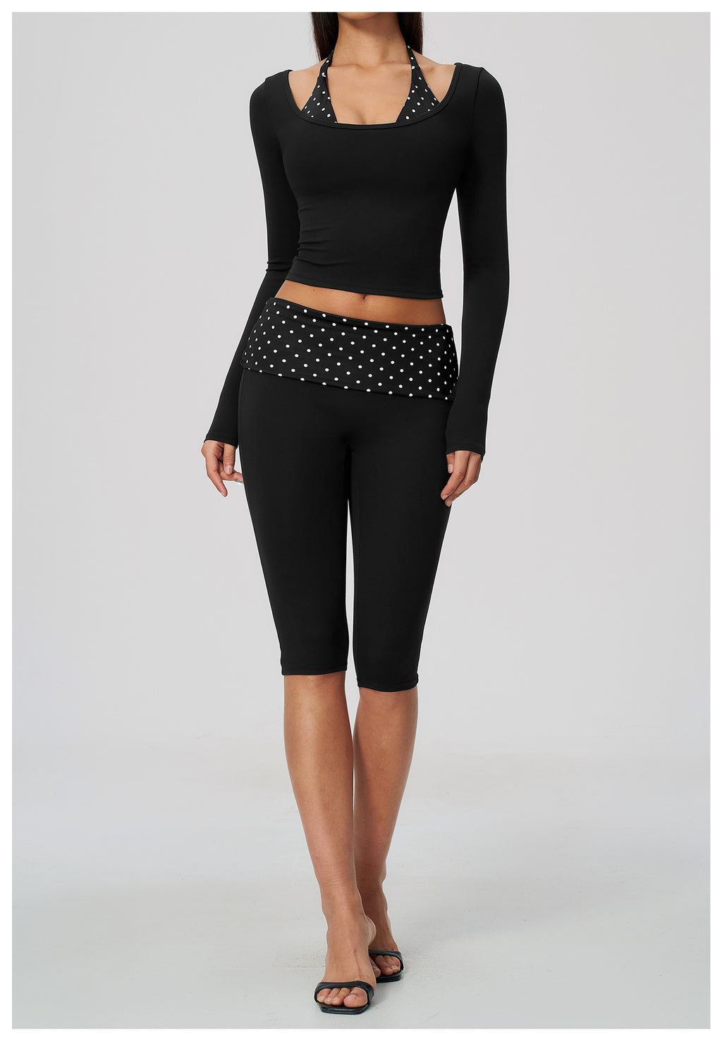 Women 2 Piece Yoga Set Halter Fake Two Piece Long Sleeve Yoga Top and Fold Over Striped Waist Capri Yoga Leggings