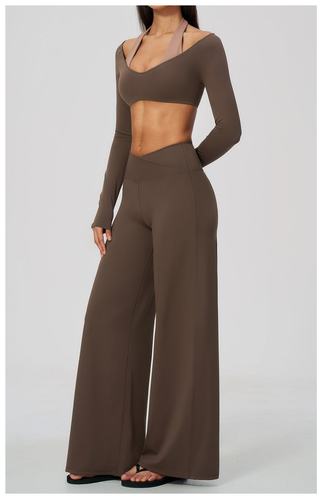 2 Piece Colorblock Halter Long Sleeve Cropped Yoga Top and Cross Waist Wide Leg Yoga Pants Set
