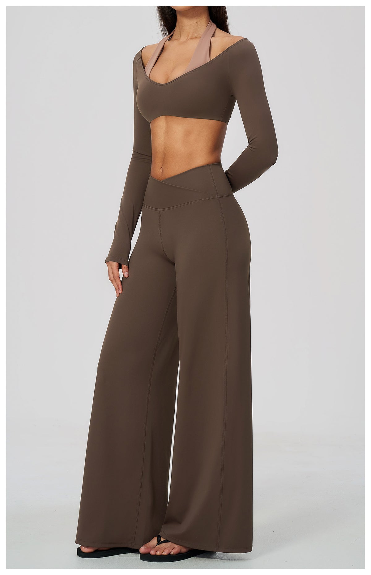 2 Piece Colorblock Halter Long Sleeve Cropped Yoga Top and Cross Waist Wide Leg Yoga Pants Set
