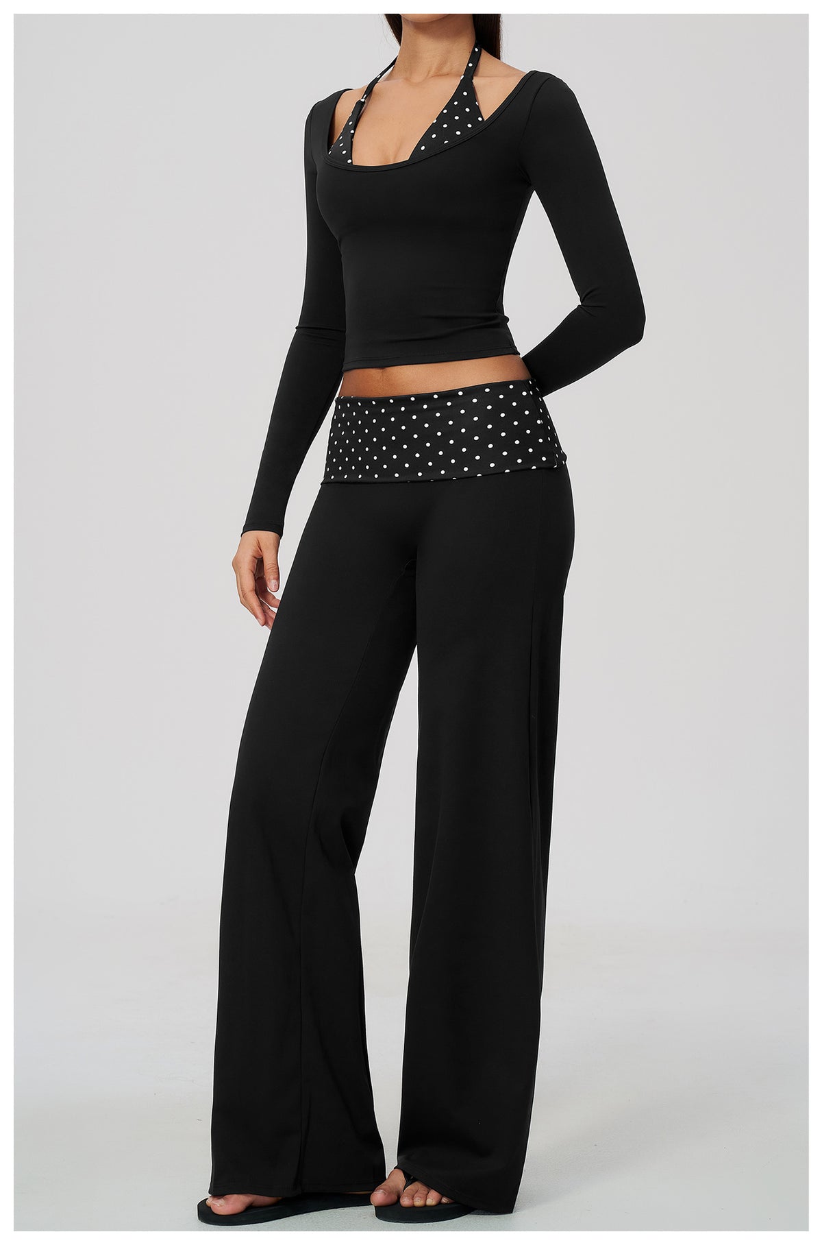Women 2 Piece Yoga Set Halter Fake Two Piece Long Sleeve Yoga Top and Fold Over Striped Waist Wide Leg Workout Pants