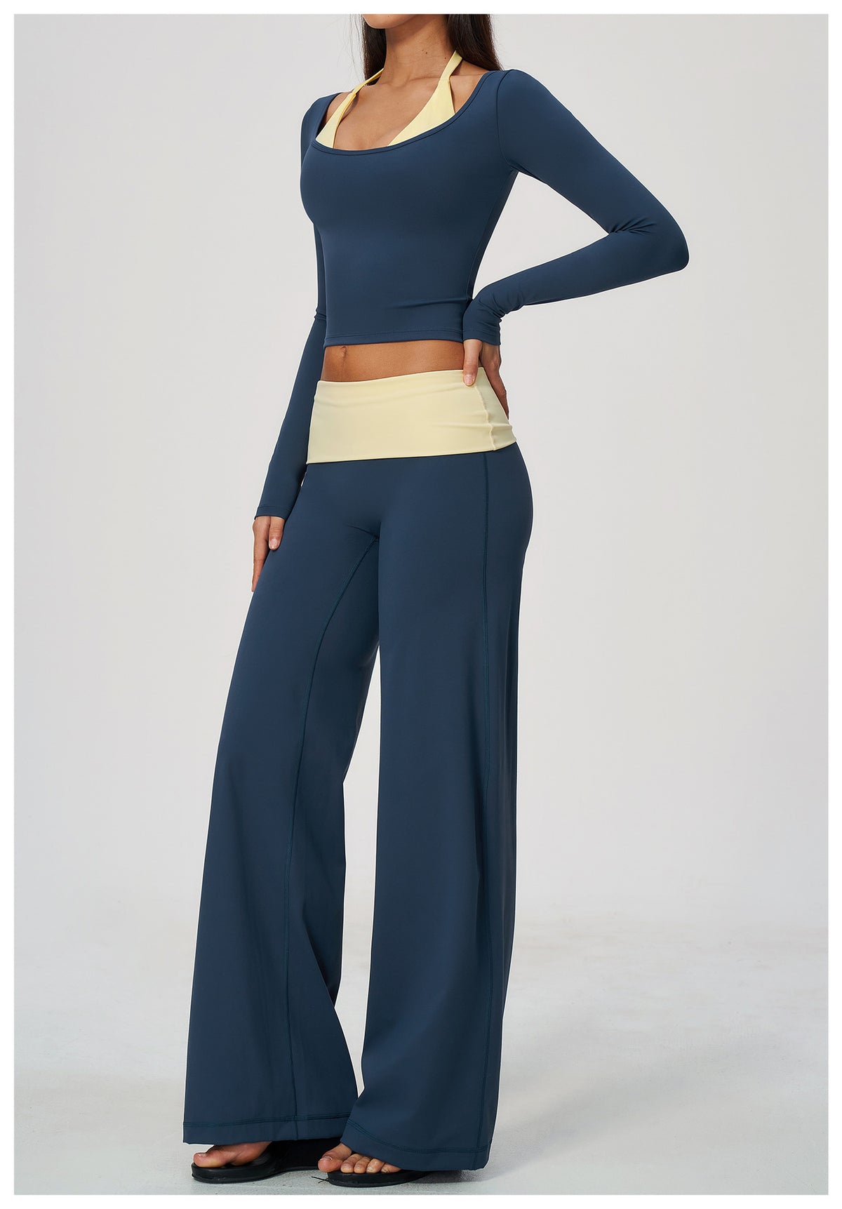 2 Piece Colorblock Double Strap Halter Long Sleeve Cropped Fitness Yoga Top and Foldover Waist High-Rise Loose Wide Leg Yoga Pants Set